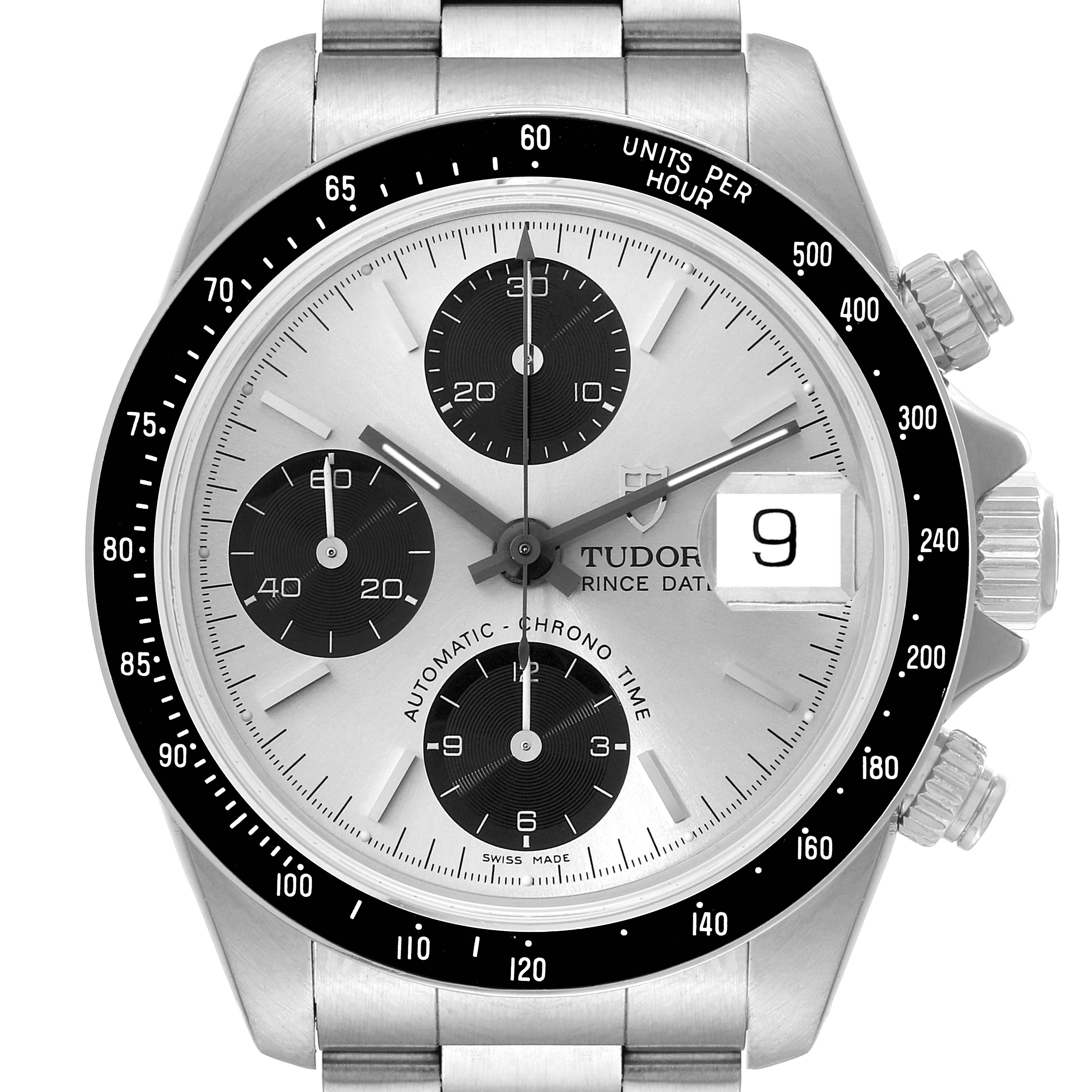 This image shows a front view of the Tudor Prince 79260 Men
s Stainless Steel Silver Dial 79260 Men
s Stainless Steel Silver Dial model watch, displaying the watch face, subdials, bezel, crown, and bracelet.