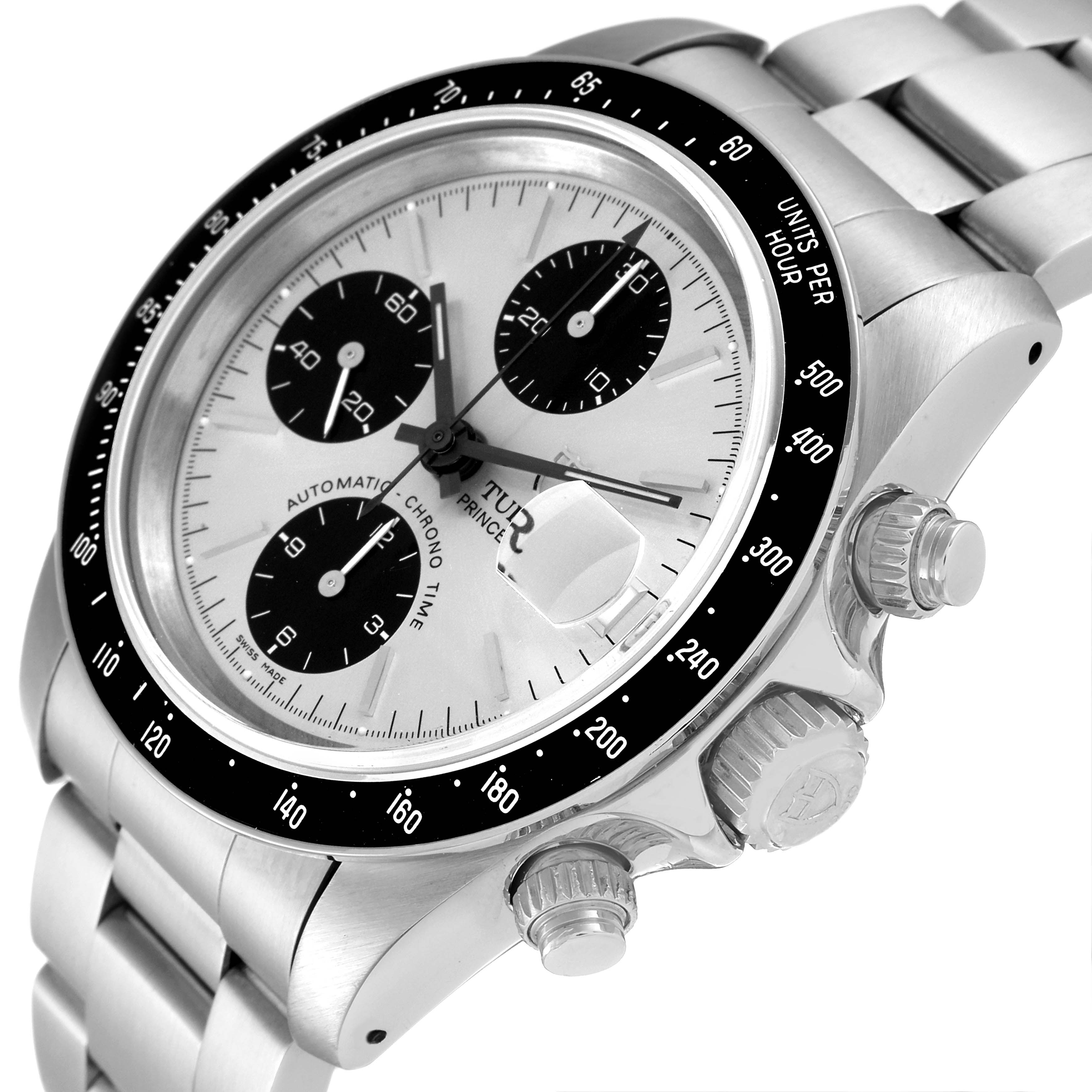 The image shows a close-up angled view of the Tudor Prince 79260 Men
s Stainless Steel Silver Dial 79260 Men
s Stainless Steel Silver Dial model watch, highlighting the dial, bezel, and pushers.