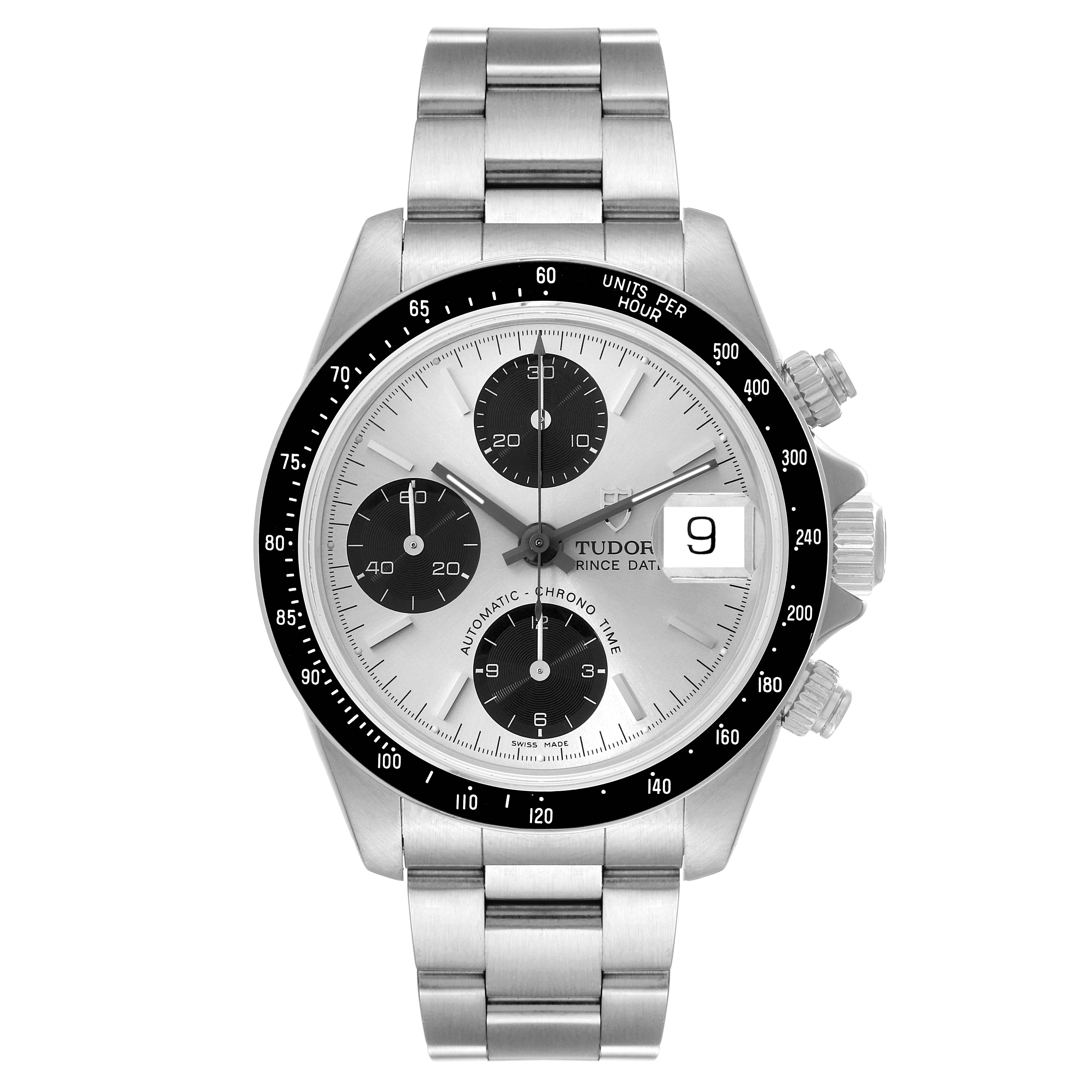 This image shows a frontal view of a Tudor Prince 79260 Men
s Stainless Steel Silver Dial 79260 Men
s Stainless Steel Silver Dial watch, displaying its face, chronograph, and bracelet.