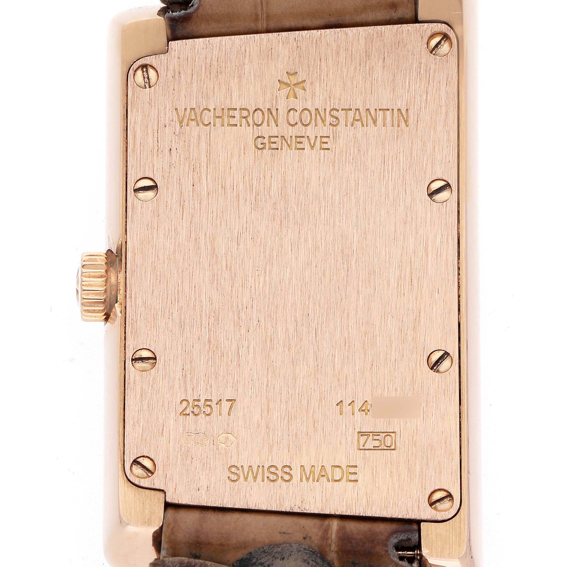 The image shows the back of a Vacheron Constantin Vintage 25517 Women's Rose Gold Silver Dial watch, displaying the case-back and crown.