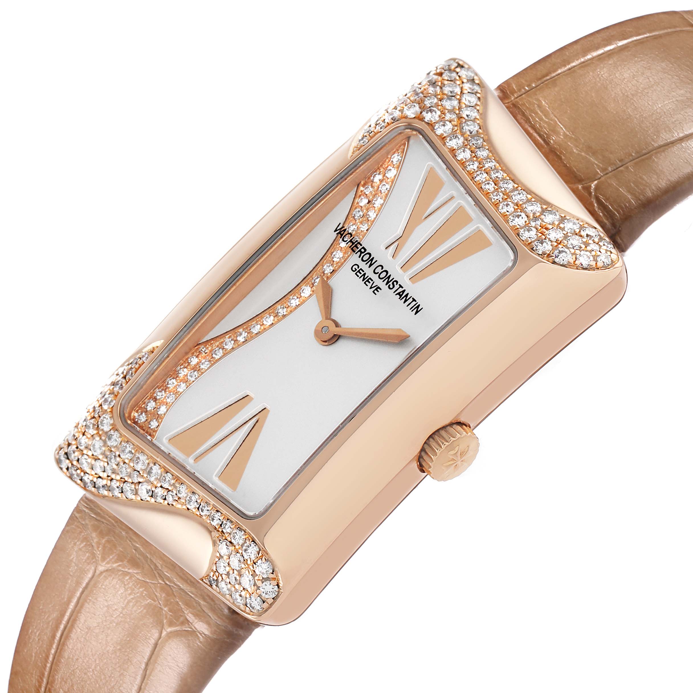 The Vacheron Constantin Vintage 25517 Women's Rose Gold Silver Dial model is shown at an angled view, highlighting the rectangular, diamond-studded case and beige strap.