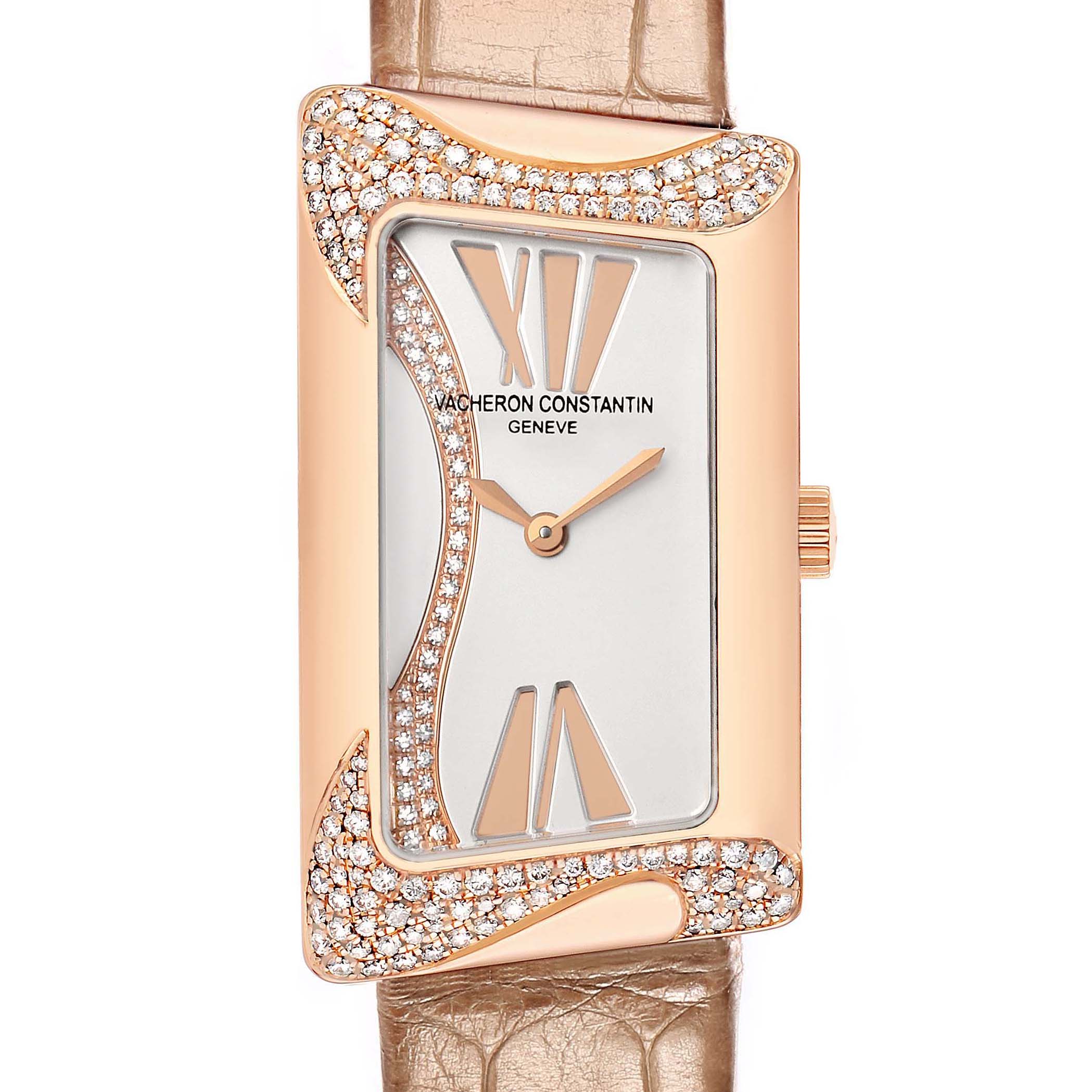 The Vacheron Constantin Vintage 25517 Women's Rose Gold Silver Dial model is shown from a top view, featuring a rectangular face, diamond accents, and a leather strap.
