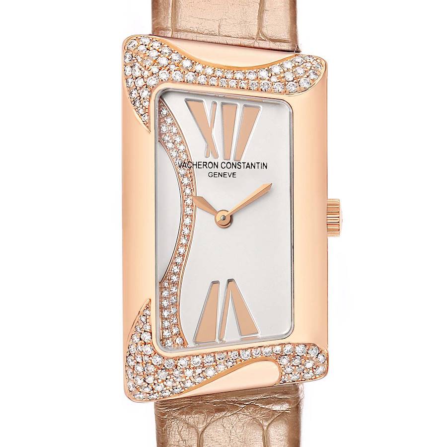 The Vacheron Constantin Vintage 25517 Women's Rose Gold Silver Dial model is shown from a top view, featuring a rectangular face, diamond accents, and a leather strap.