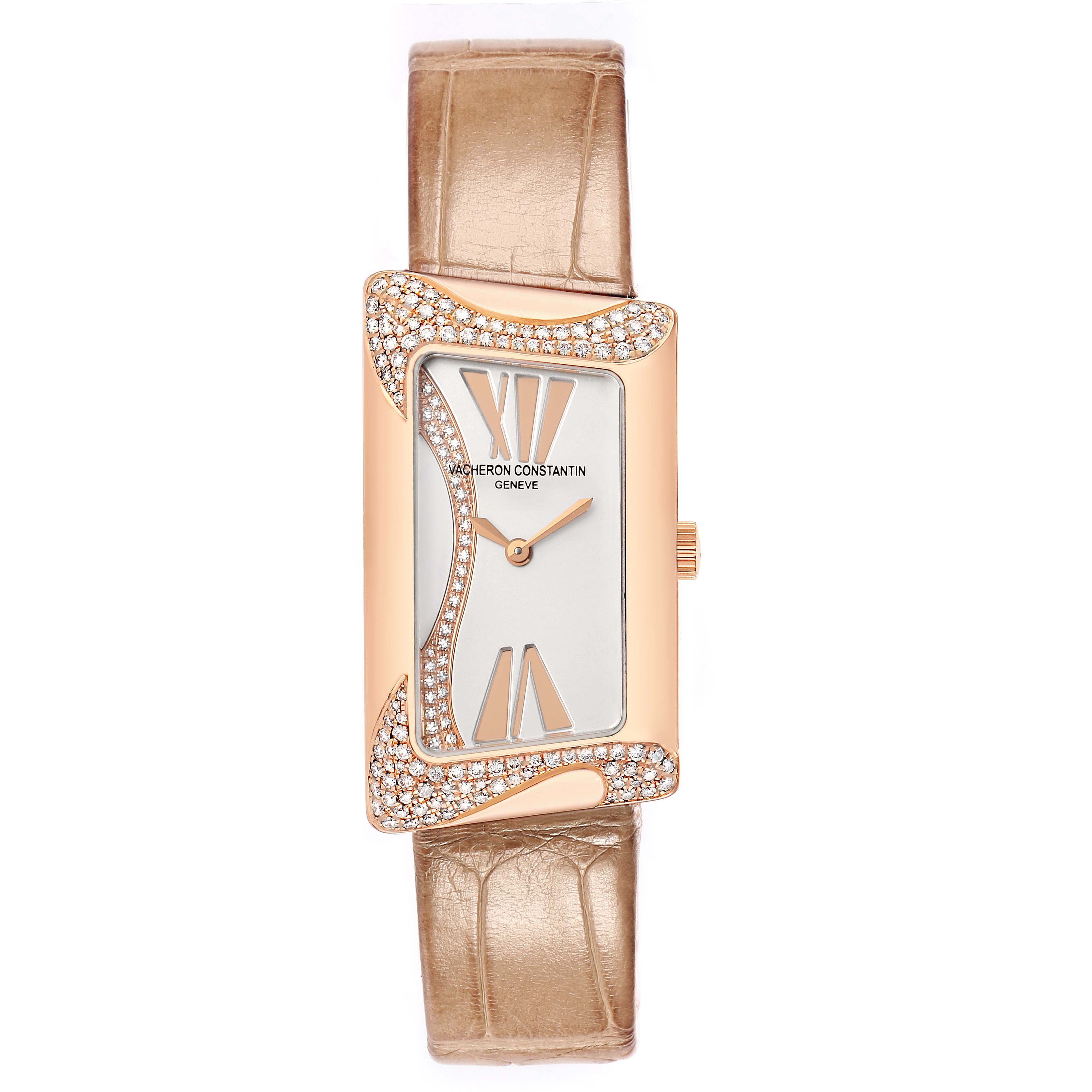The Vacheron Constantin Vintage 25517 Women's Rose Gold Silver Dial watch is shown from a top view, highlighting the rectangular face, diamond accents, and brown strap.