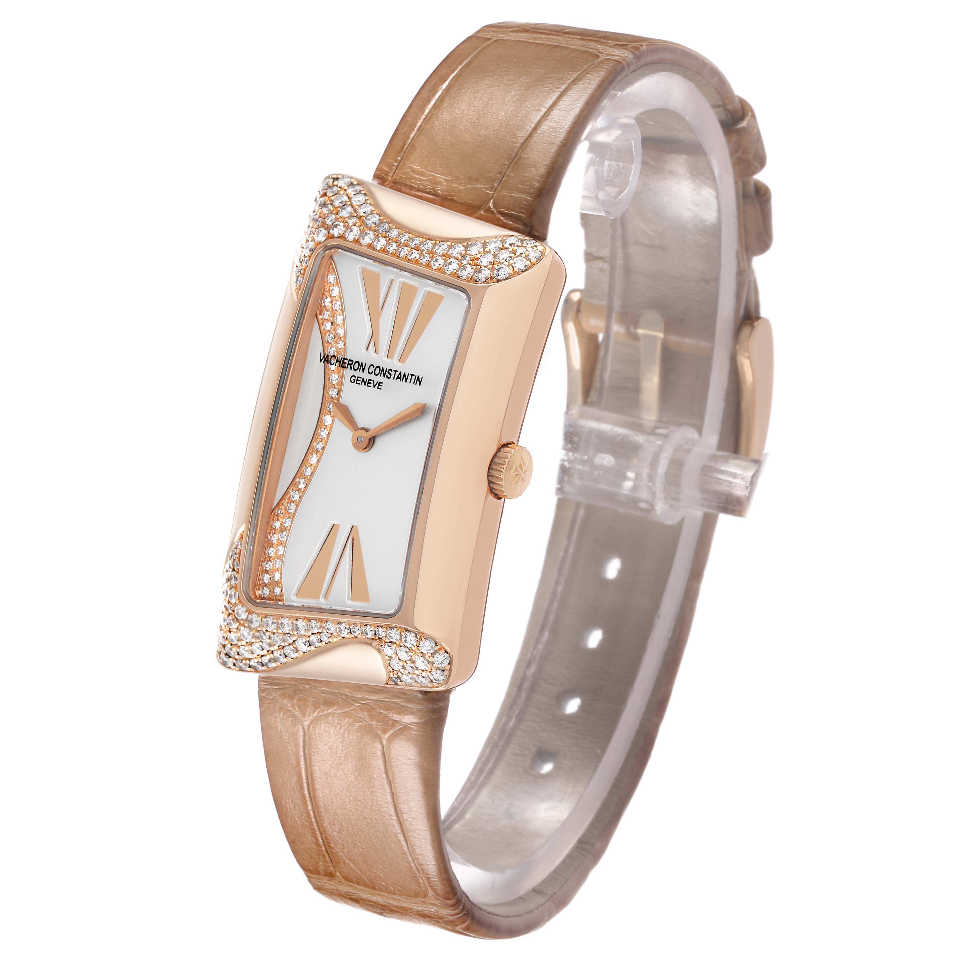 The Vacheron Constantin Vintage 25517 Women's Rose Gold Silver Dial watch is shown at an angle highlighting its rectangular face, diamond accents, and leather strap.