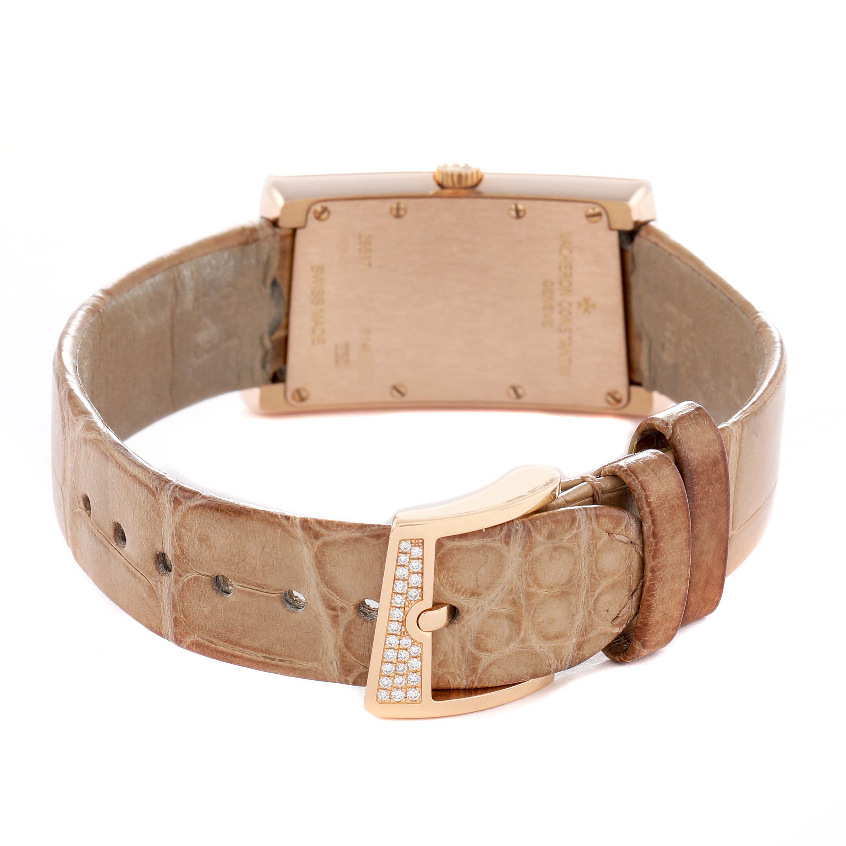 The image shows the back and buckle of a Vintage Vacheron Constantin watch, highlighting a diamond-accented clasp and leather strap.