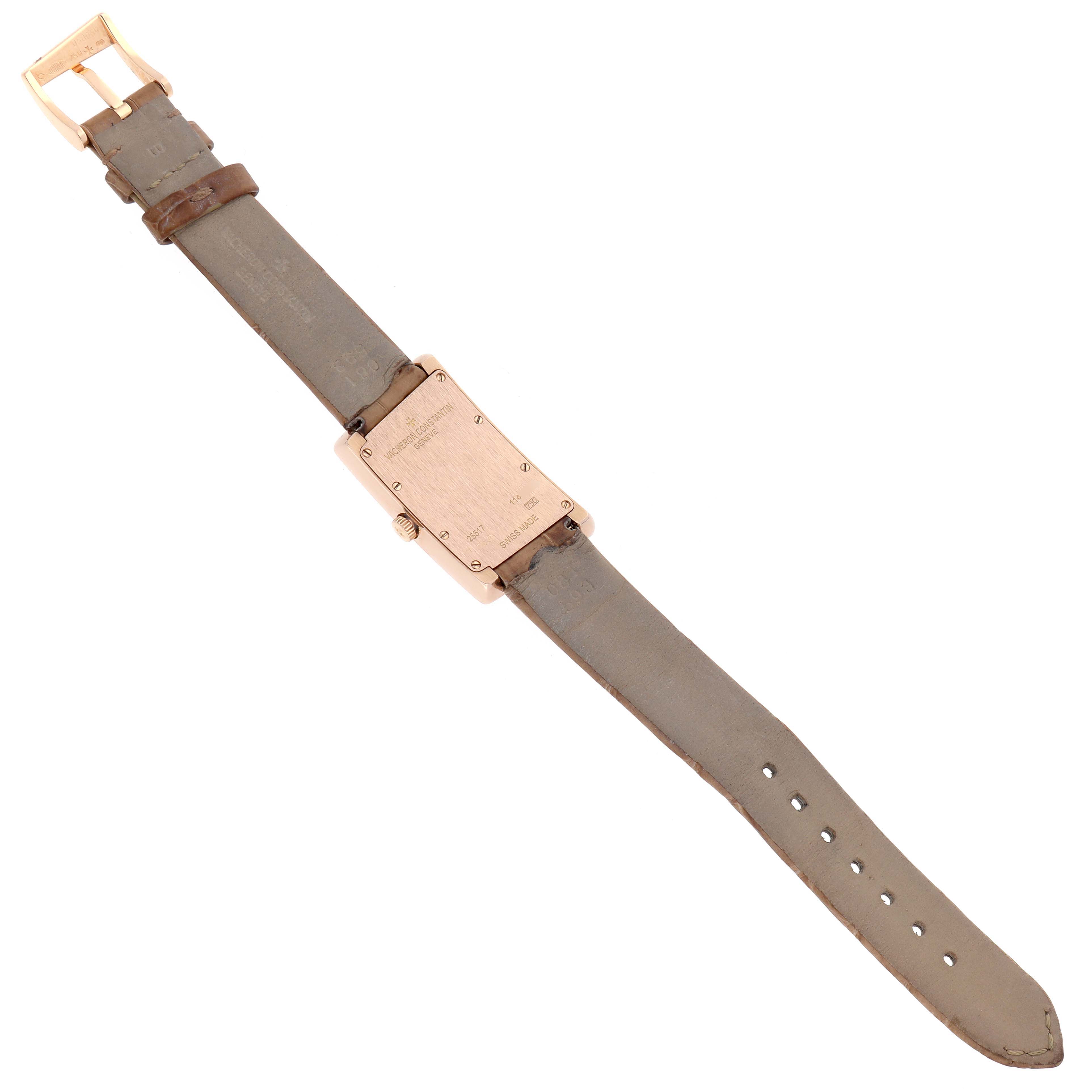 The Vacheron Constantin Vintage 25517 Women's Rose Gold Silver Dial watch is shown from the back, revealing the strap, case back, and buckle.