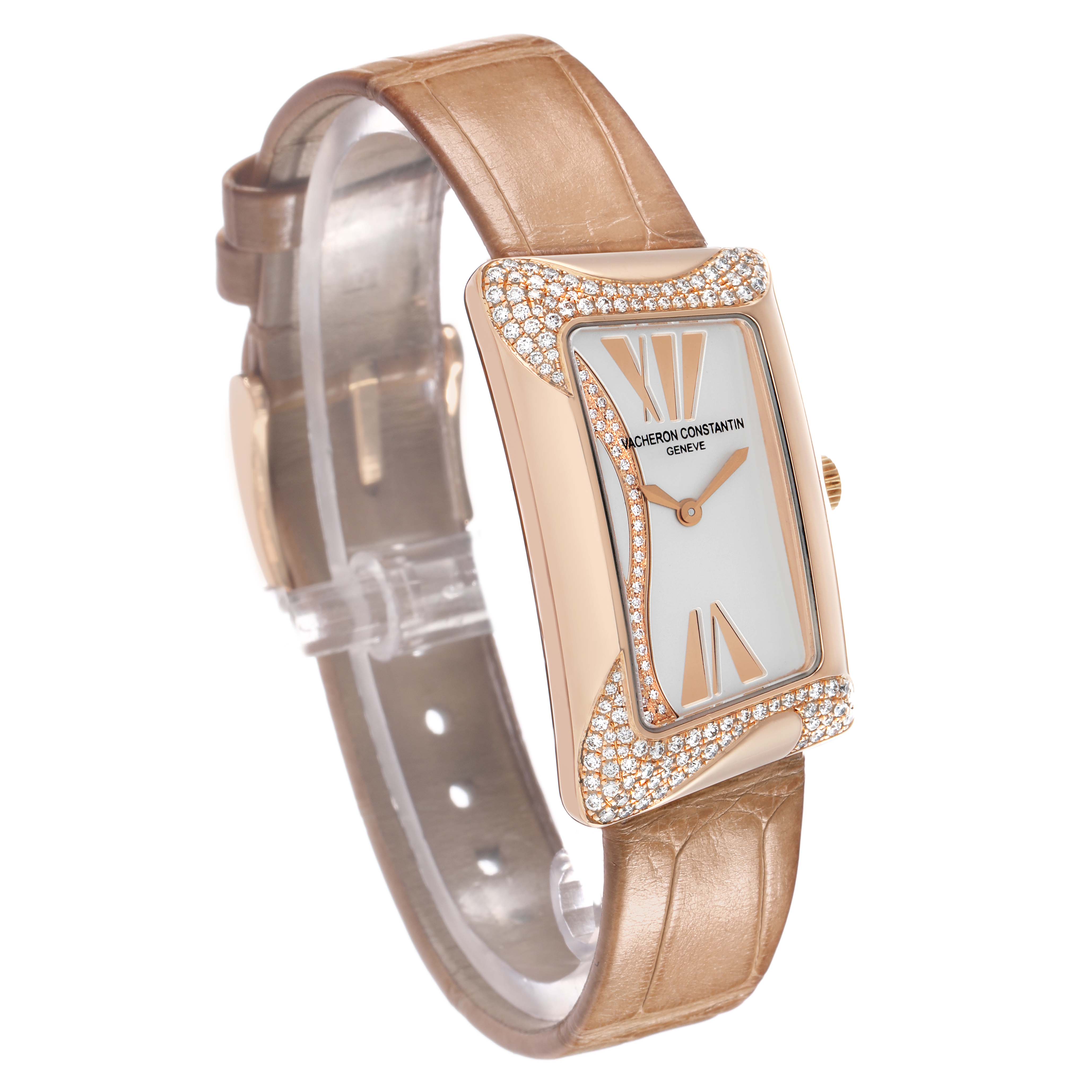 The Vacheron Constantin Vintage 25517 Women's Rose Gold Silver Dial watch is shown at a slight angle, displaying the dial, case with diamond accents, and beige leather strap.