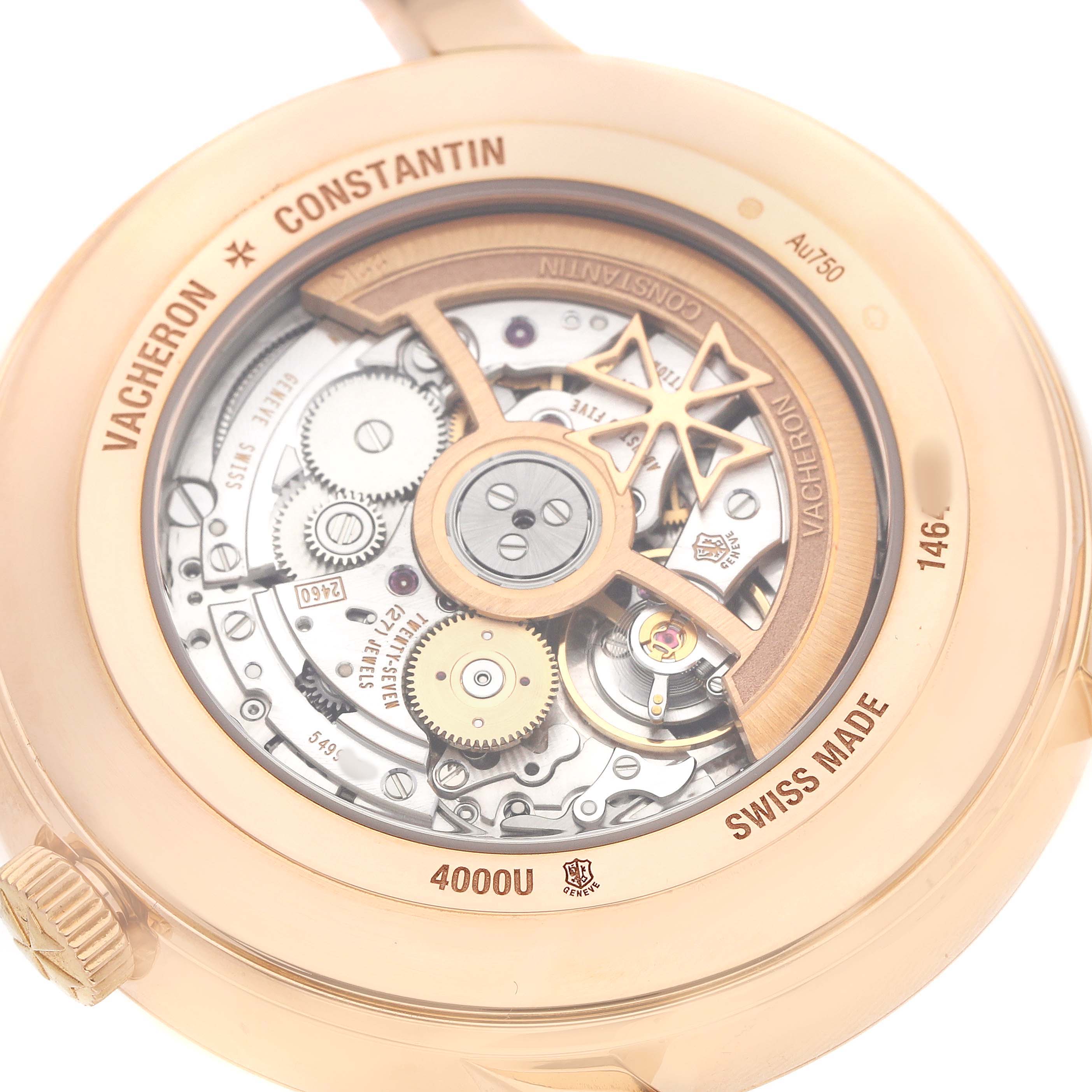 The image shows the back view of the Vacheron Constantin Patrimony 4000U Men's Rose Gold Blue Dial, highlighting the intricate movement and gears.