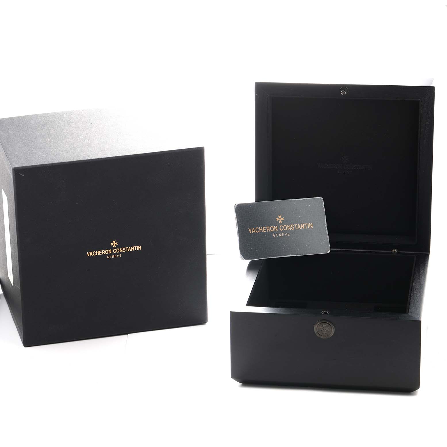 The image shows the packaging and certificate for the Vacheron Constantin Patrimony 4000U Men's Rose Gold Blue Dial watch model, with an open box and card.