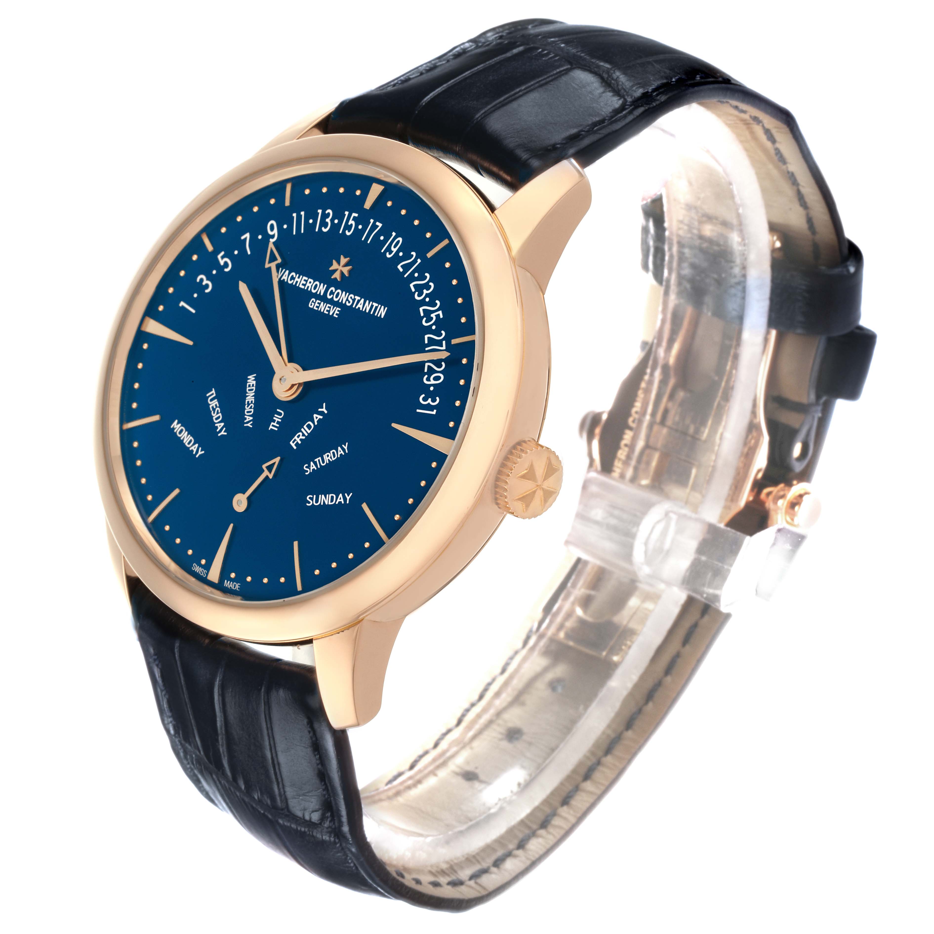 The image shows a Vacheron Constantin Patrimony 4000U Men's Rose Gold Blue Dial watch from a three-quarter angle, displaying its blue dial, gold case, and black leather strap.