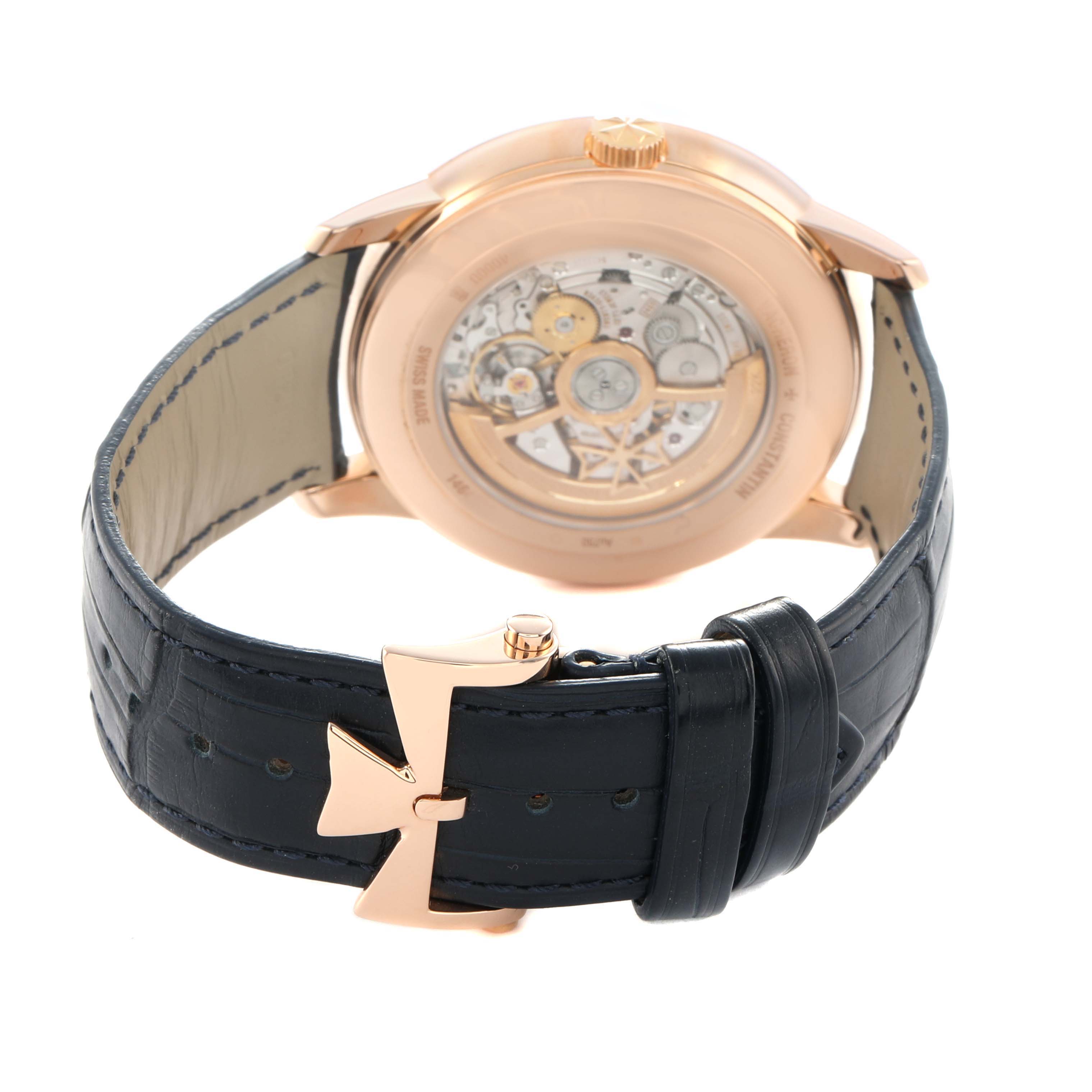 The image shows the back view of the Vacheron Constantin Patrimony 4000U Men's Rose Gold Blue Dial watch, highlighting the open case back and clasp.