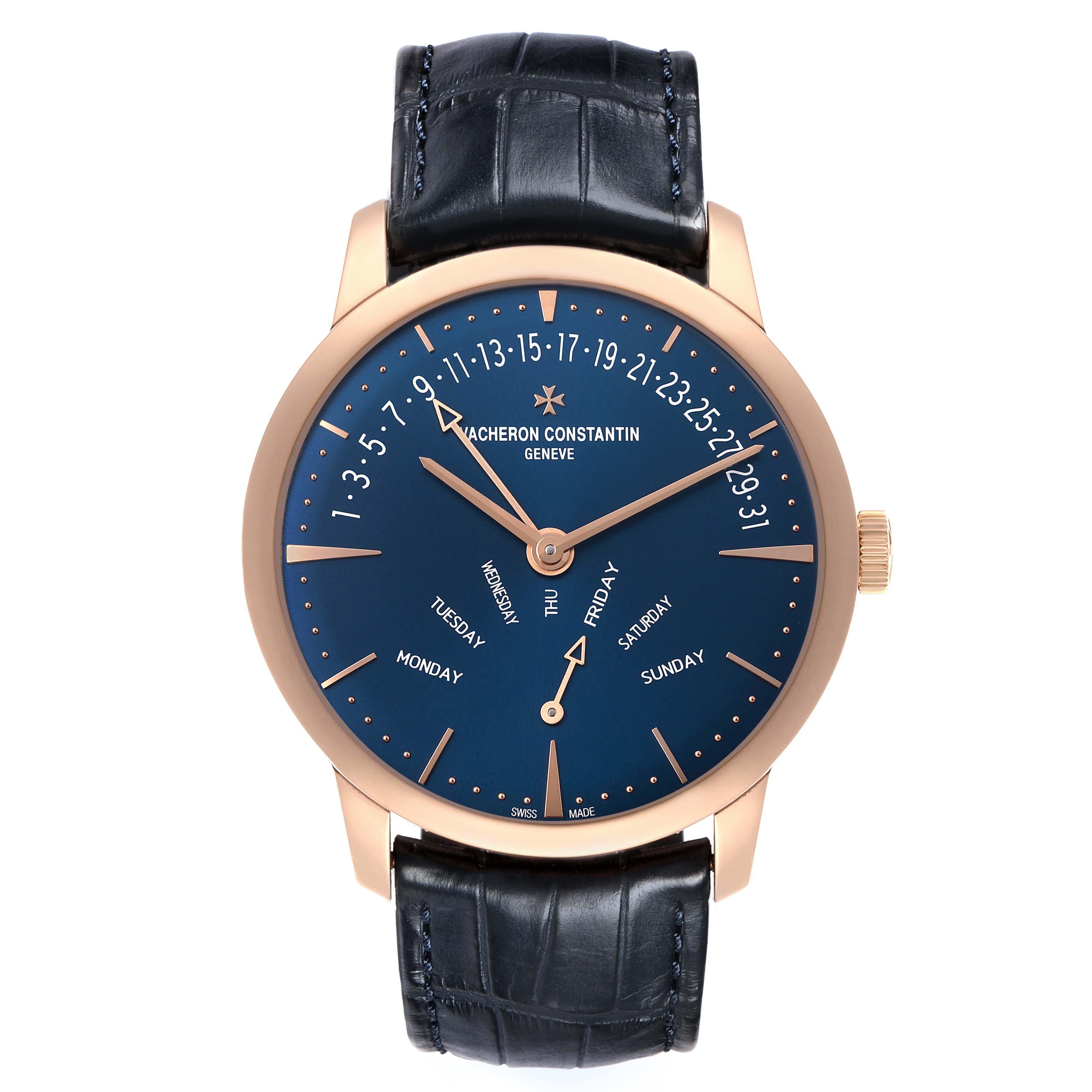 The Vacheron Constantin Patrimony 4000U Men's Rose Gold Blue Dial watch is shown from the front, highlighting its dial, hands, and strap.