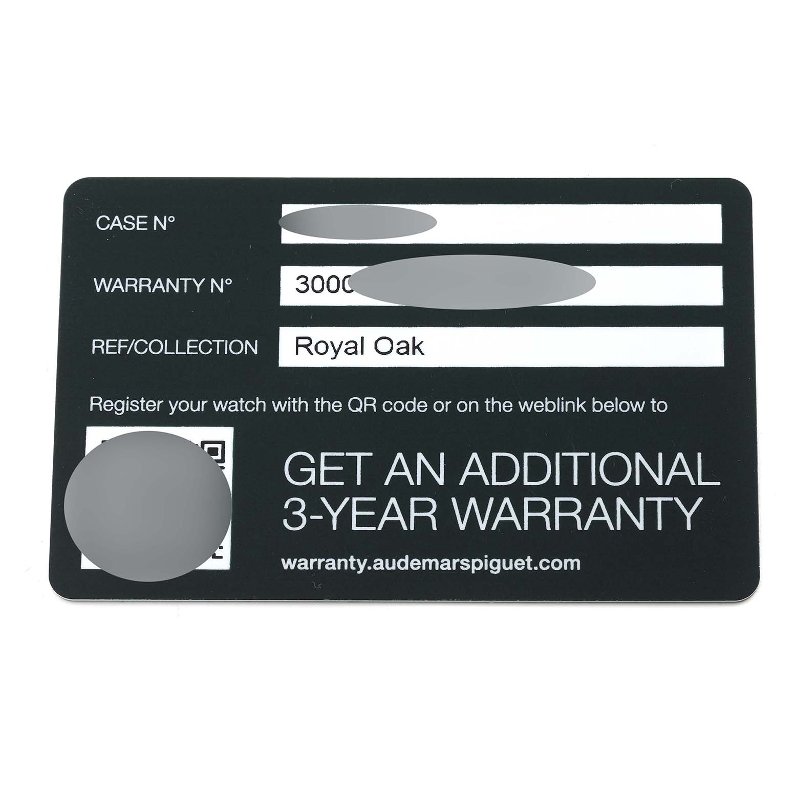 This image shows a warranty card for the Royal Oak model by Audemars Piguet, including sections for case number, warranty number, and collection reference.