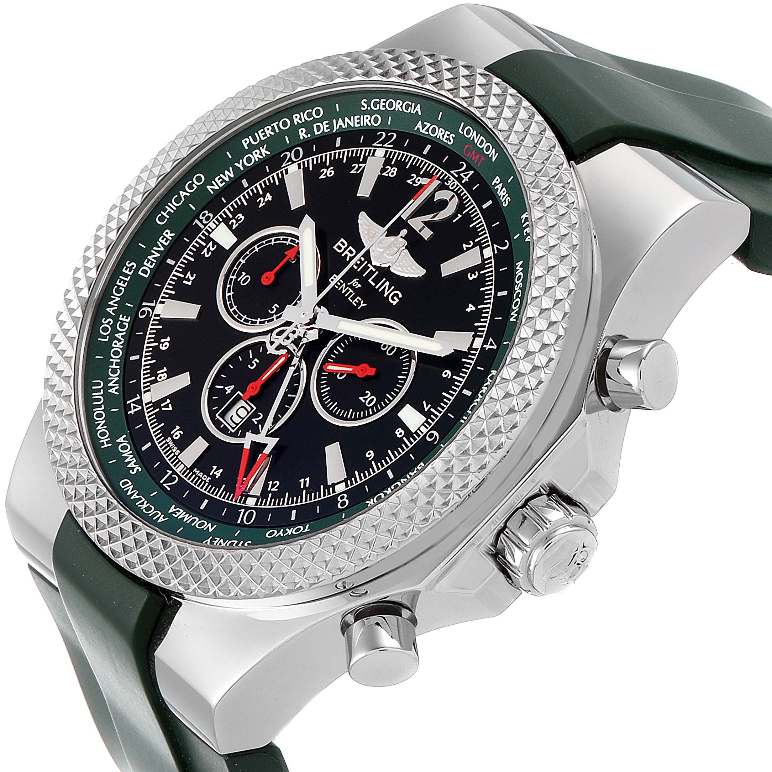 This image shows a Breitling Bentley A47362S4/B919-214S Men
s Stainless Steel Black Dial A47362S4/B919-214S Men
s Stainless Steel Black Dial watch from a side and top angle, highlighting its bezel, dial, and crown.