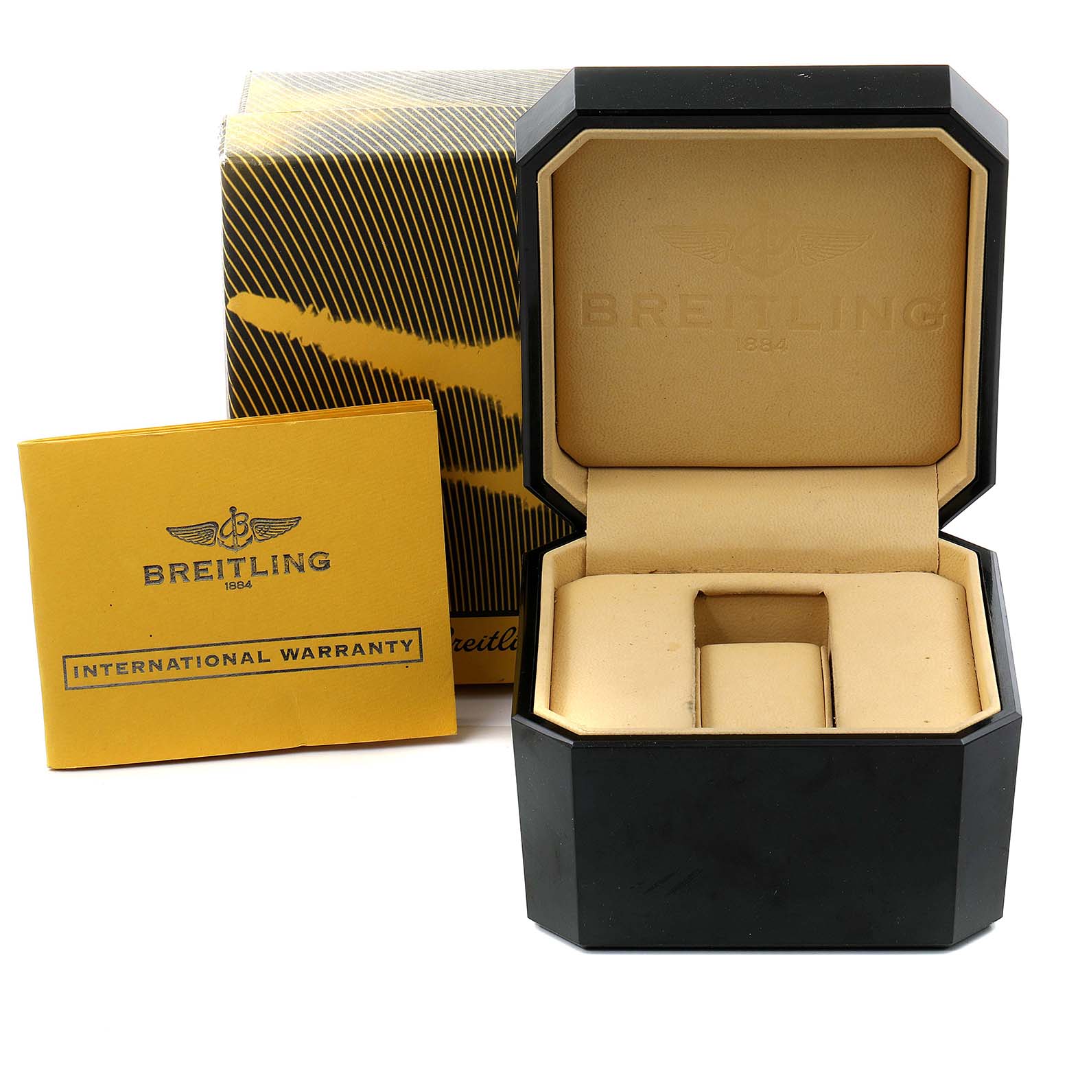 The image shows the open box and warranty card for a Bentley model by Breitling.