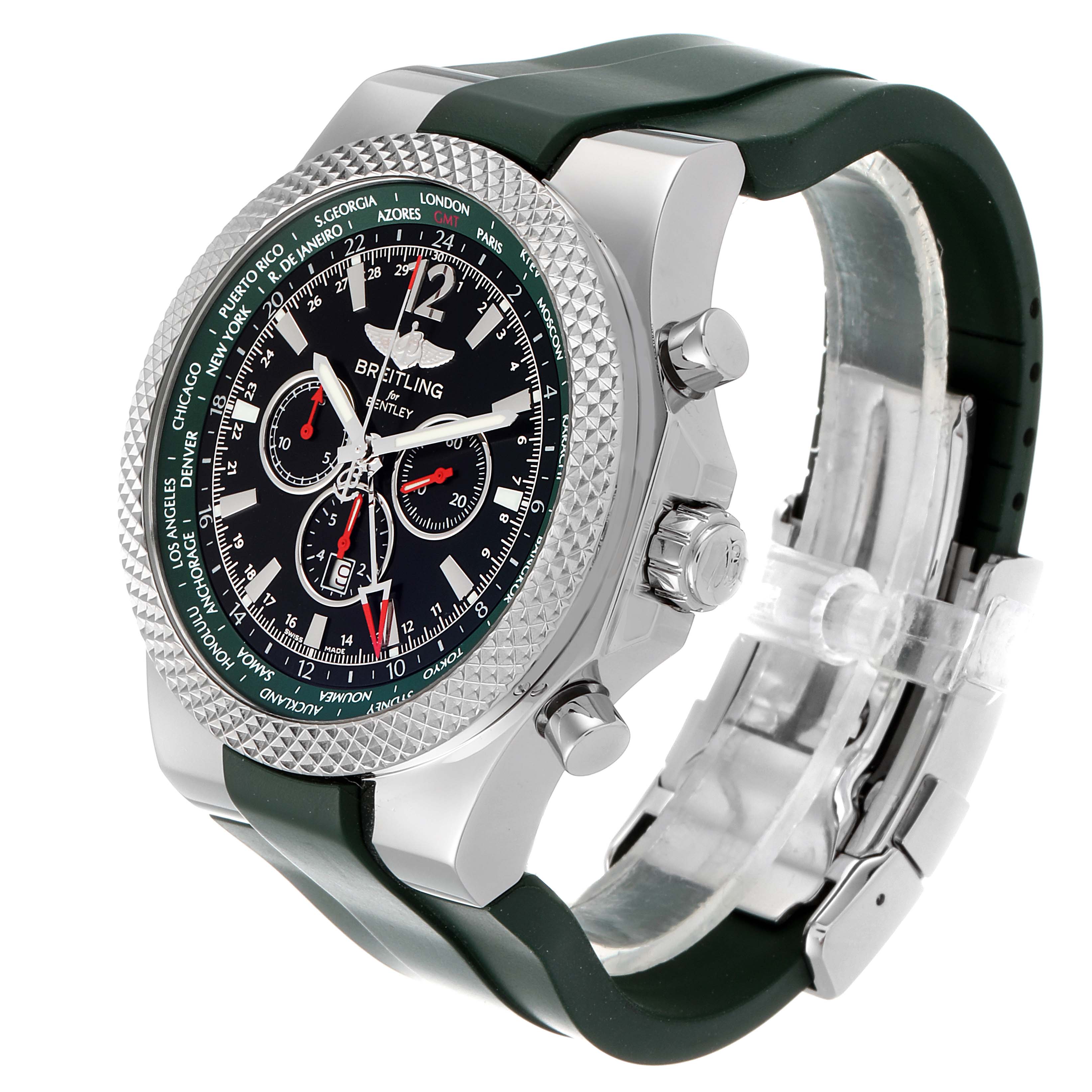 The Bentley model by Breitling is shown at an angle highlighting the face, bezel, and strap with visible side buttons.
