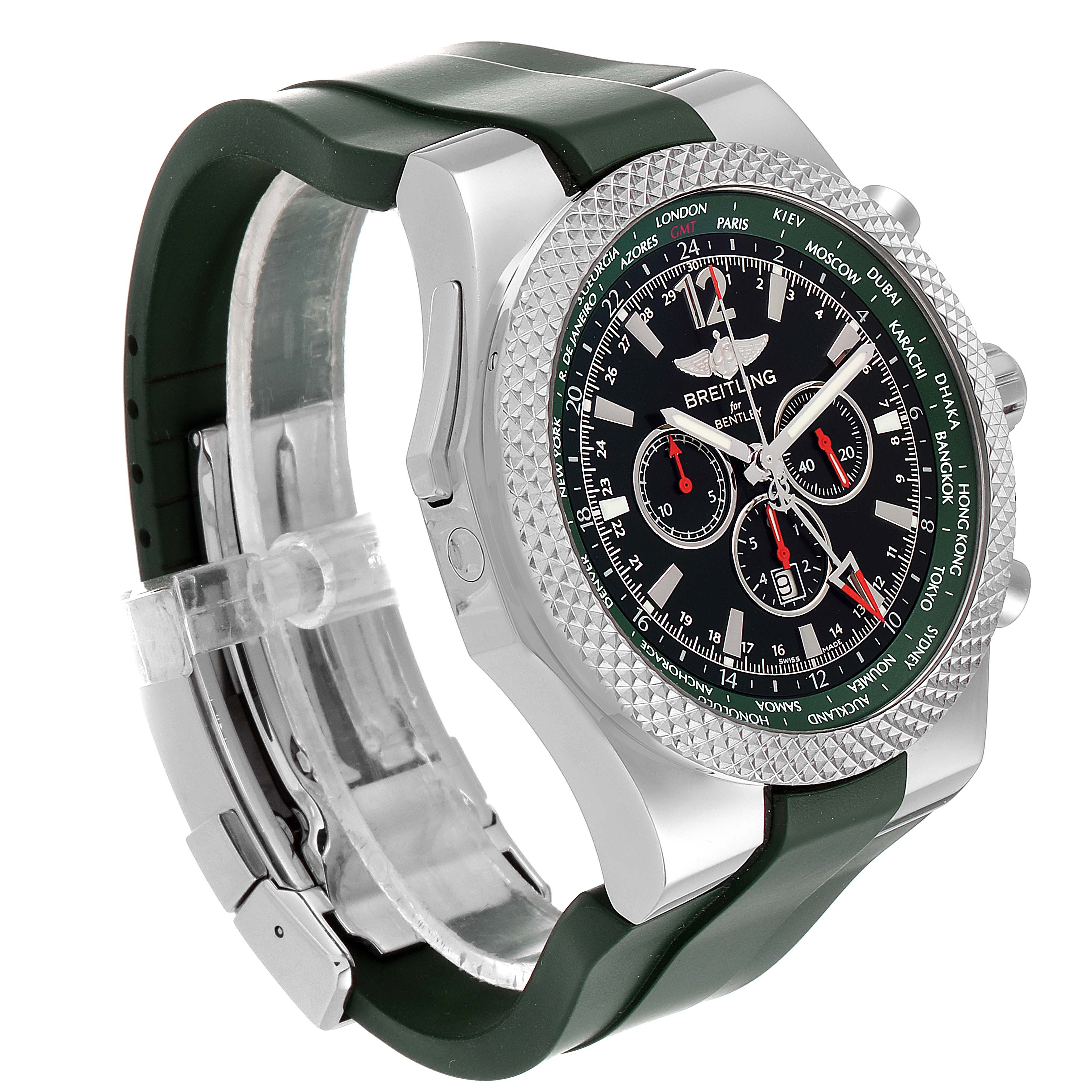 The image shows a side view of a Bentley model by Breitling, highlighting the face, bezel, and part of the strap.