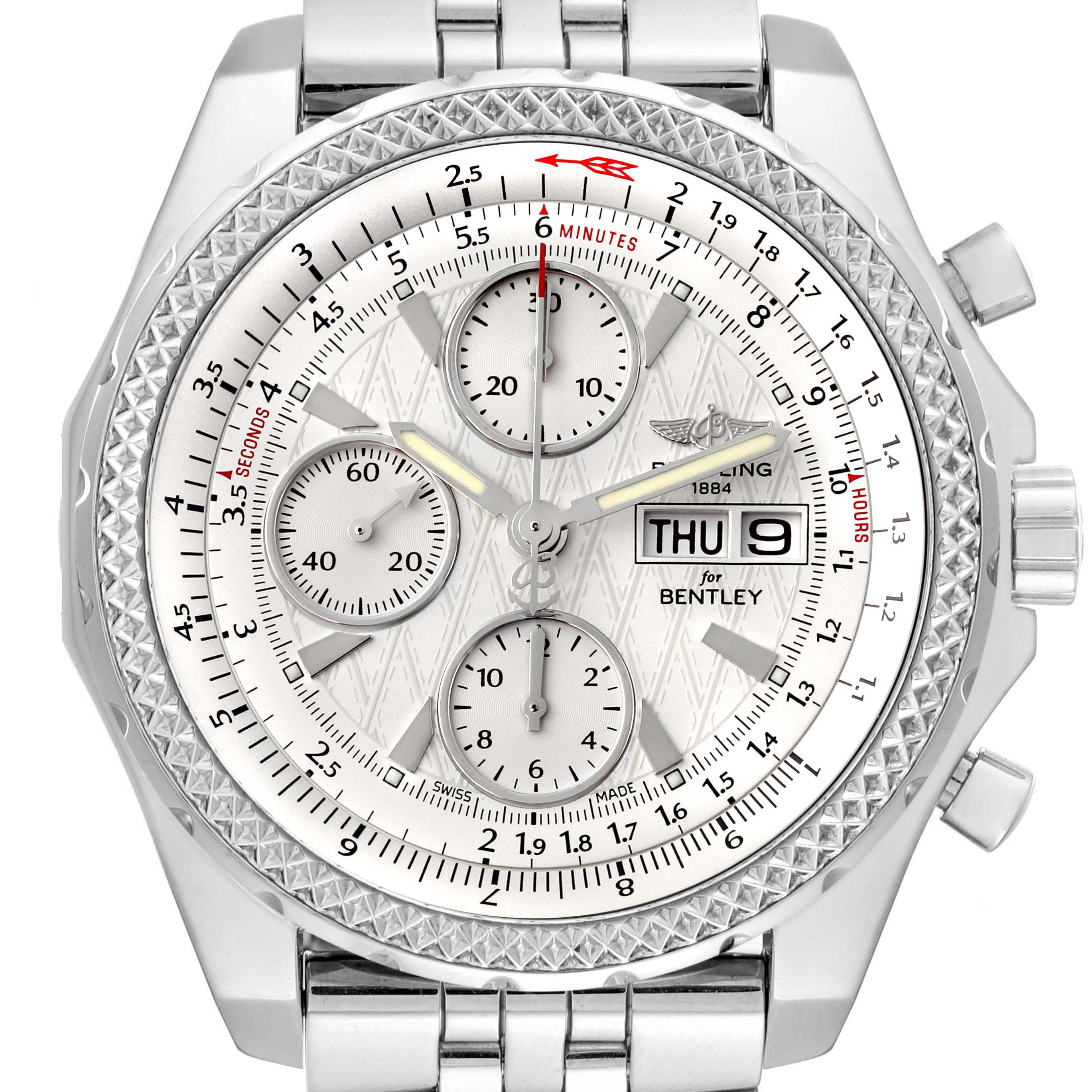The Breitling Bentley A13362 Men's Stainless Steel White Dial A13362 Men's Stainless Steel White Dial watch is shown from the front, displaying its dial, subdials, and date window.