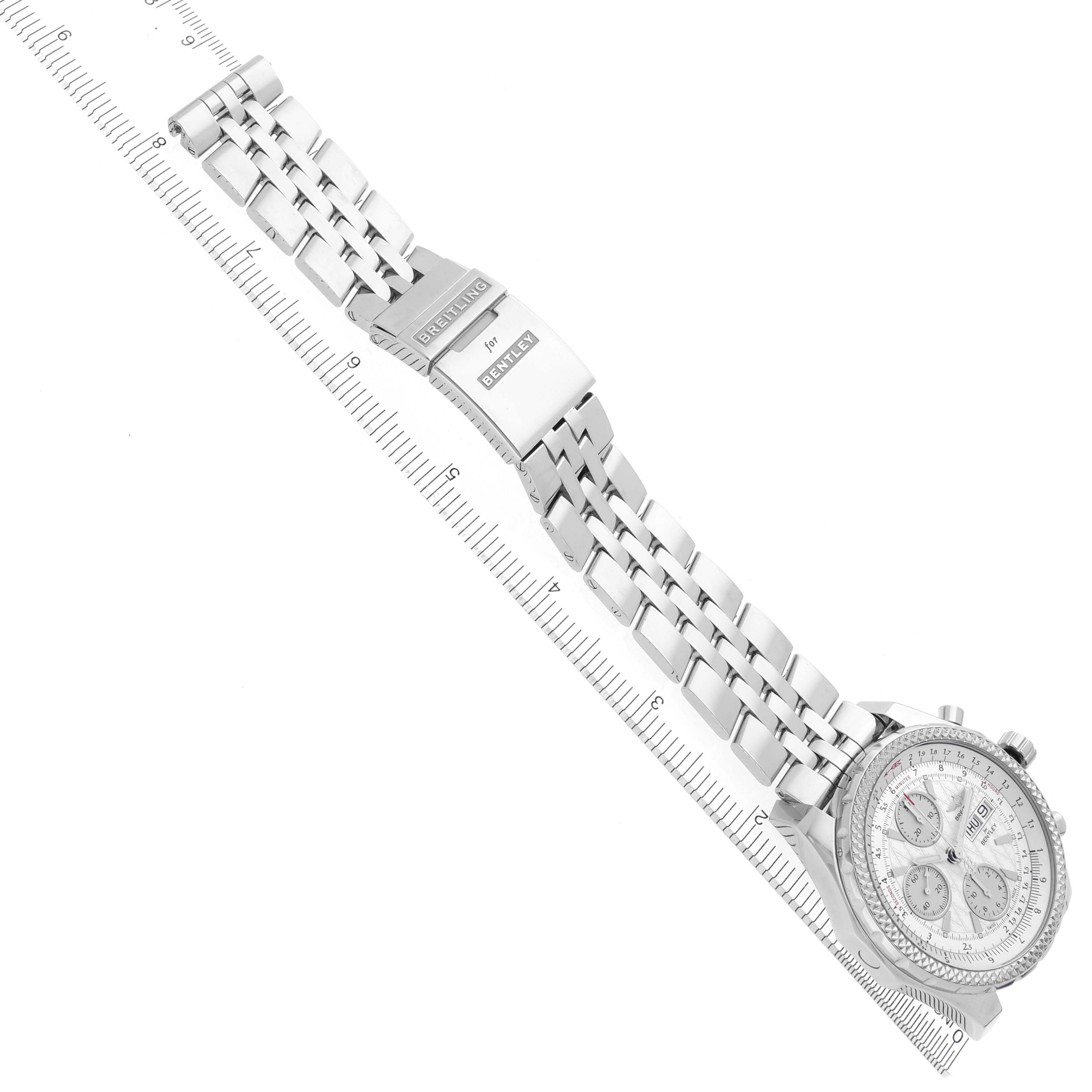 The Breitling Bentley A13362 Men's Stainless Steel White Dial A13362 Men's Stainless Steel White Dial watch is shown at an angle featuring its face and full metal bracelet, including the clasp.
