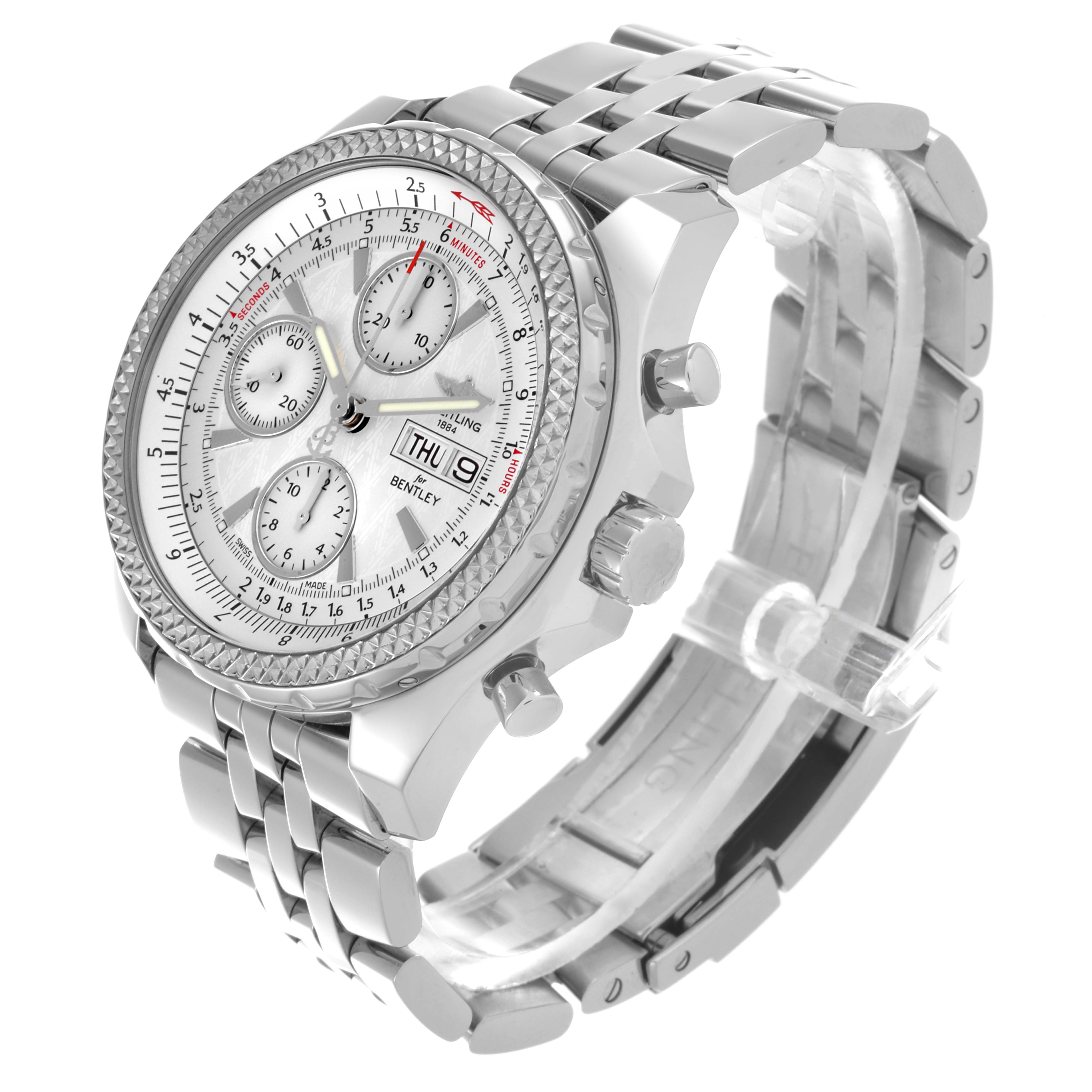 The Breitling Bentley A13362 Men's Stainless Steel White Dial A13362 Men's Stainless Steel White Dial watch is shown from an angled side view, highlighting the dial, crown, and metal bracelet.