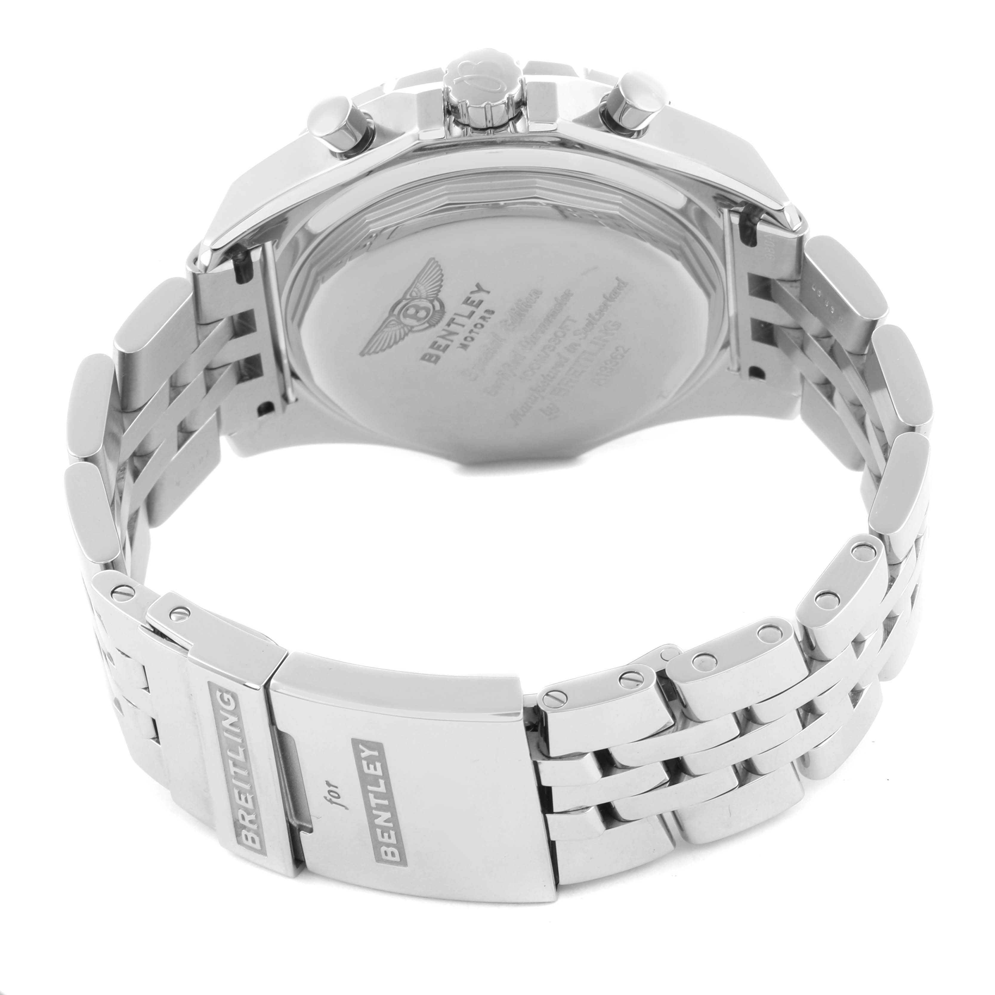The image shows the back and clasp of a Breitling Bentley A13362 Men's Stainless Steel White Dial A13362 Men's Stainless Steel White Dial watch, featuring its bracelet and case back.