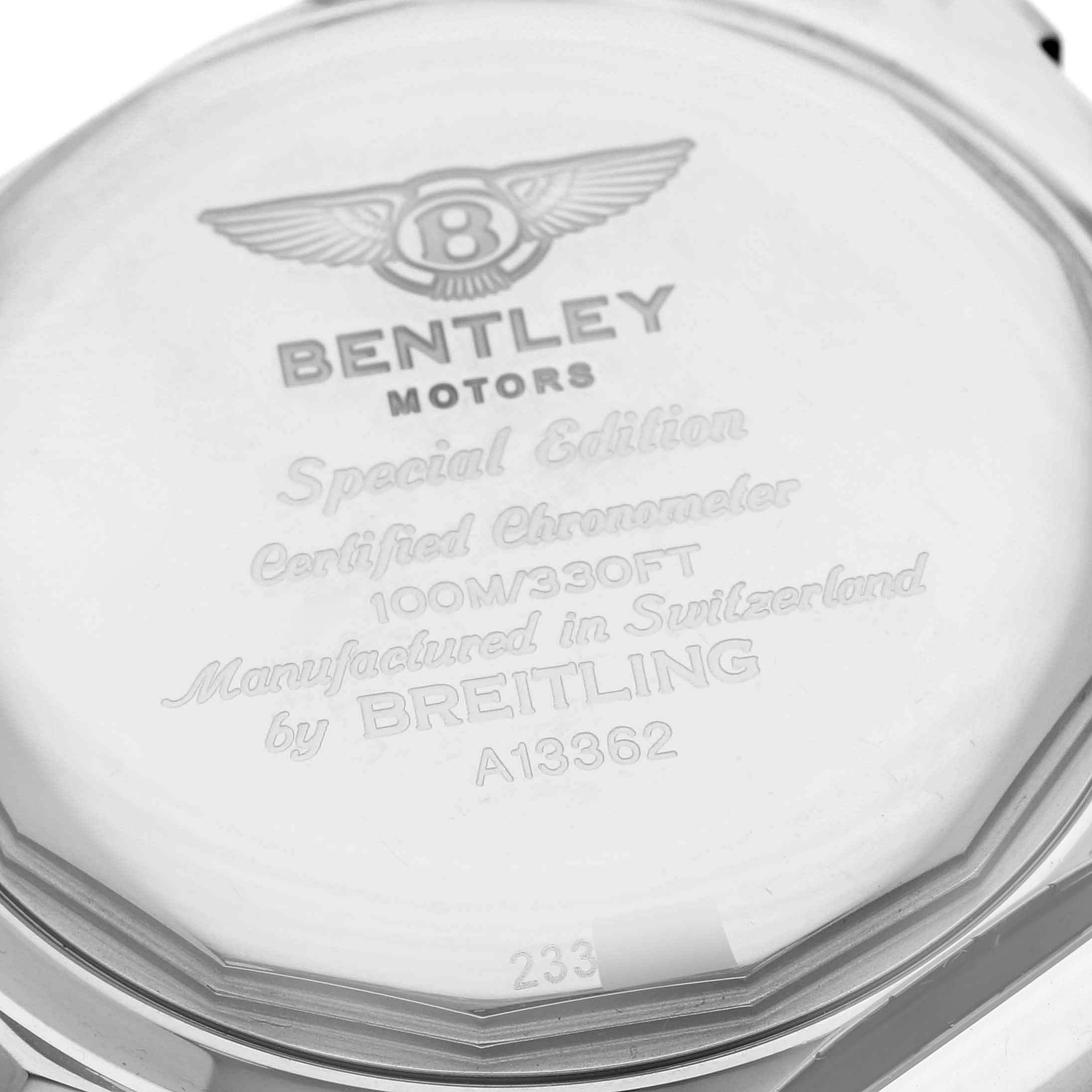 The image shows the back casing of the Bentley model by Breitling, displaying engraved text and logos.