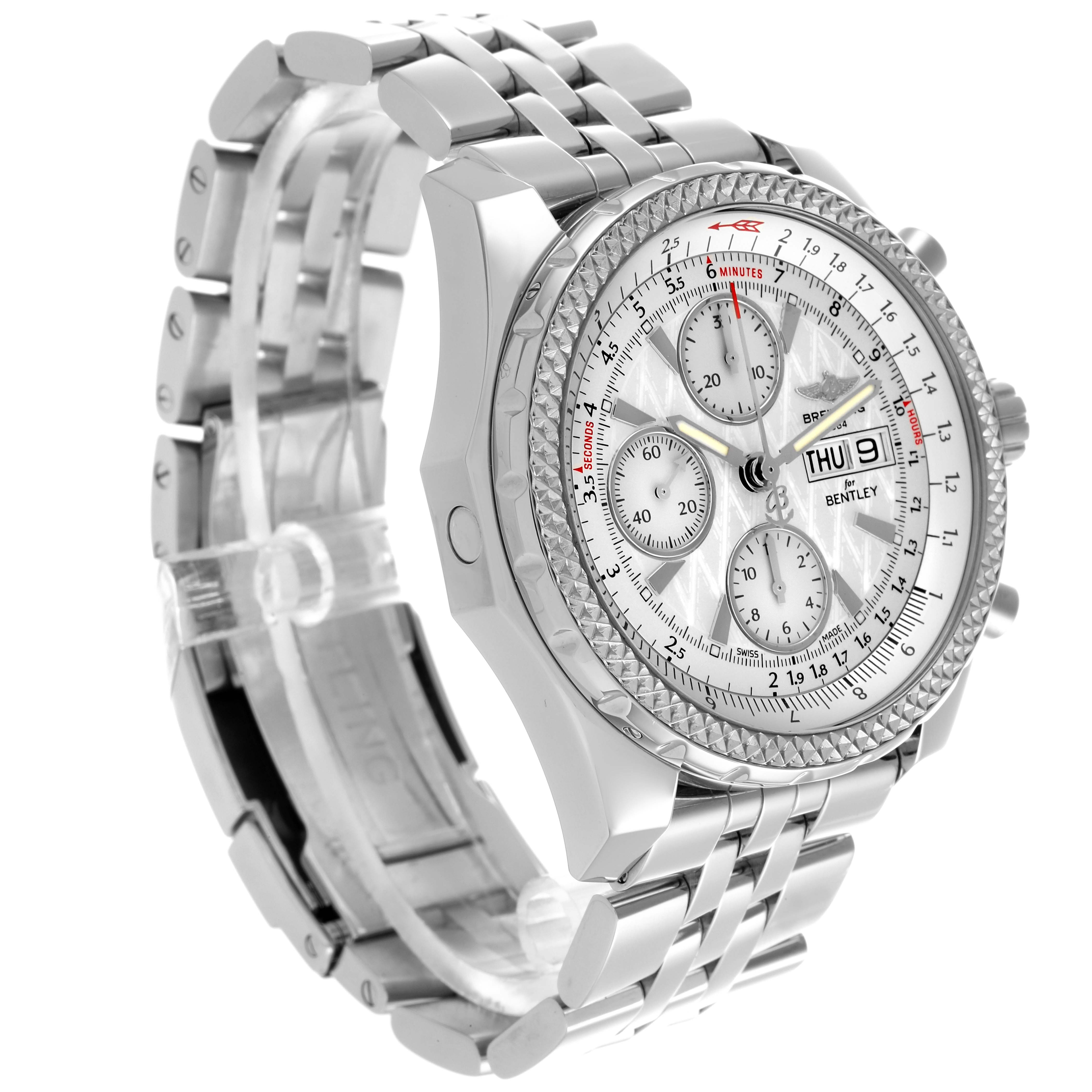 The Breitling Bentley A13362 Men's Stainless Steel White Dial A13362 Men's Stainless Steel White Dial watch is shown at a three-quarter angle, displaying the face, bezel, and metal bracelet.