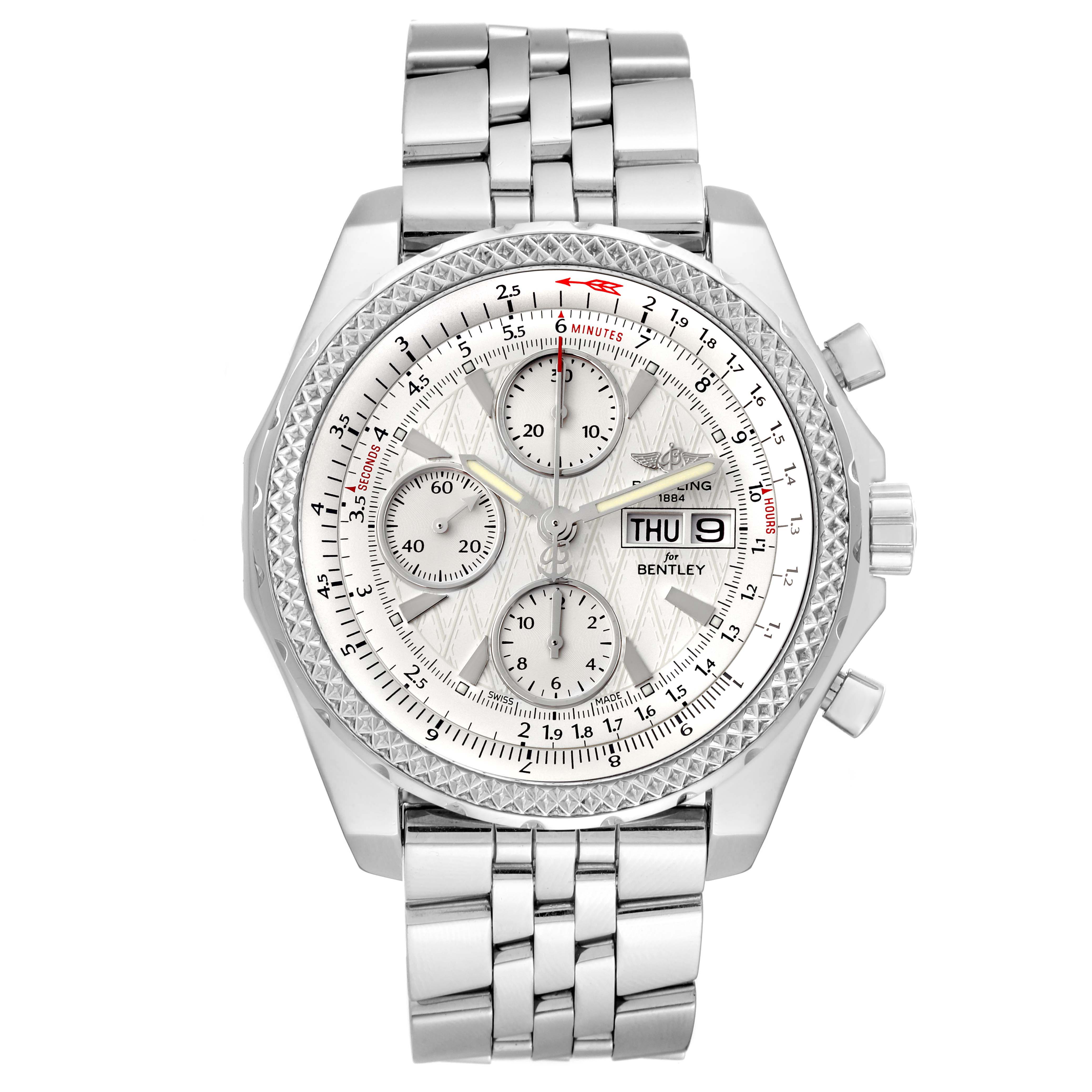 The image shows a front view of the Breitling Bentley A13362 Men's Stainless Steel White Dial A13362 Men's Stainless Steel White Dial watch, featuring the face, bezel, and bracelet.