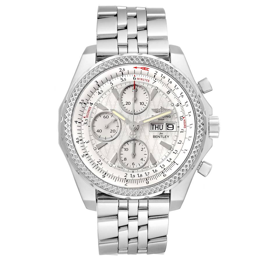 The image shows a front view of the Breitling Bentley watch, featuring the face, bezel, and bracelet.