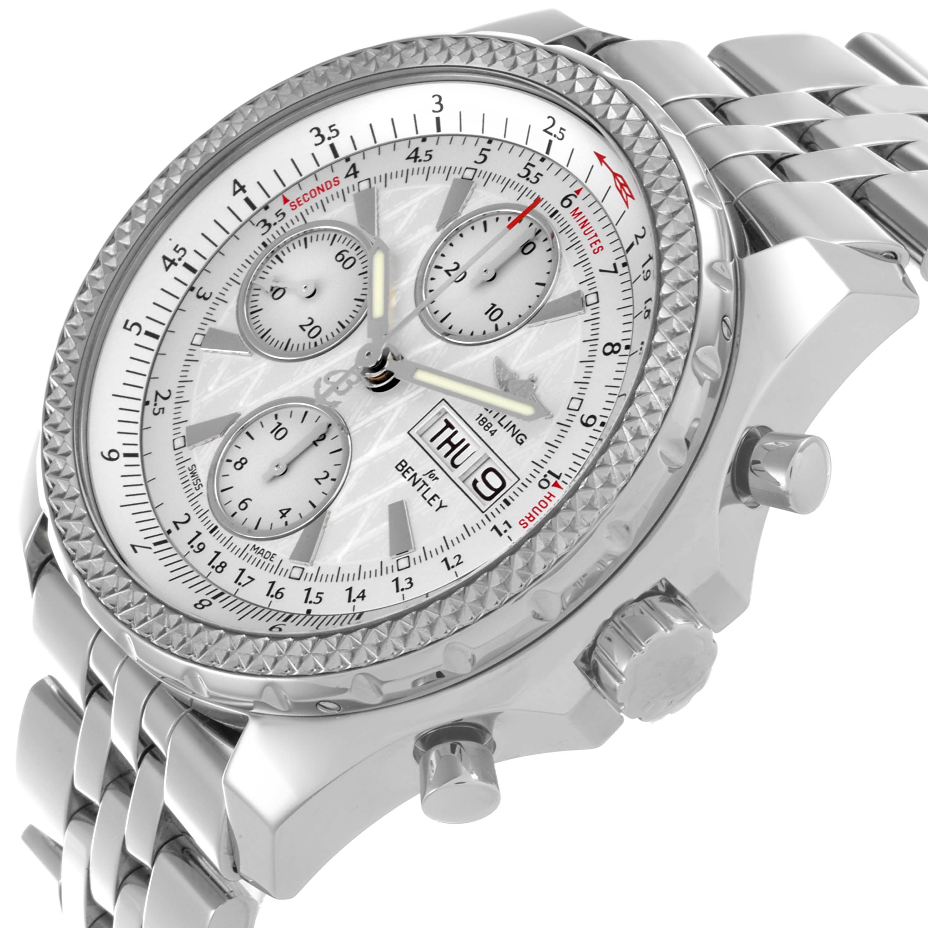 The Bentley by Breitling watch is shown at an angled side view, displaying the dial, bezel, crown, pushers, and bracelet.