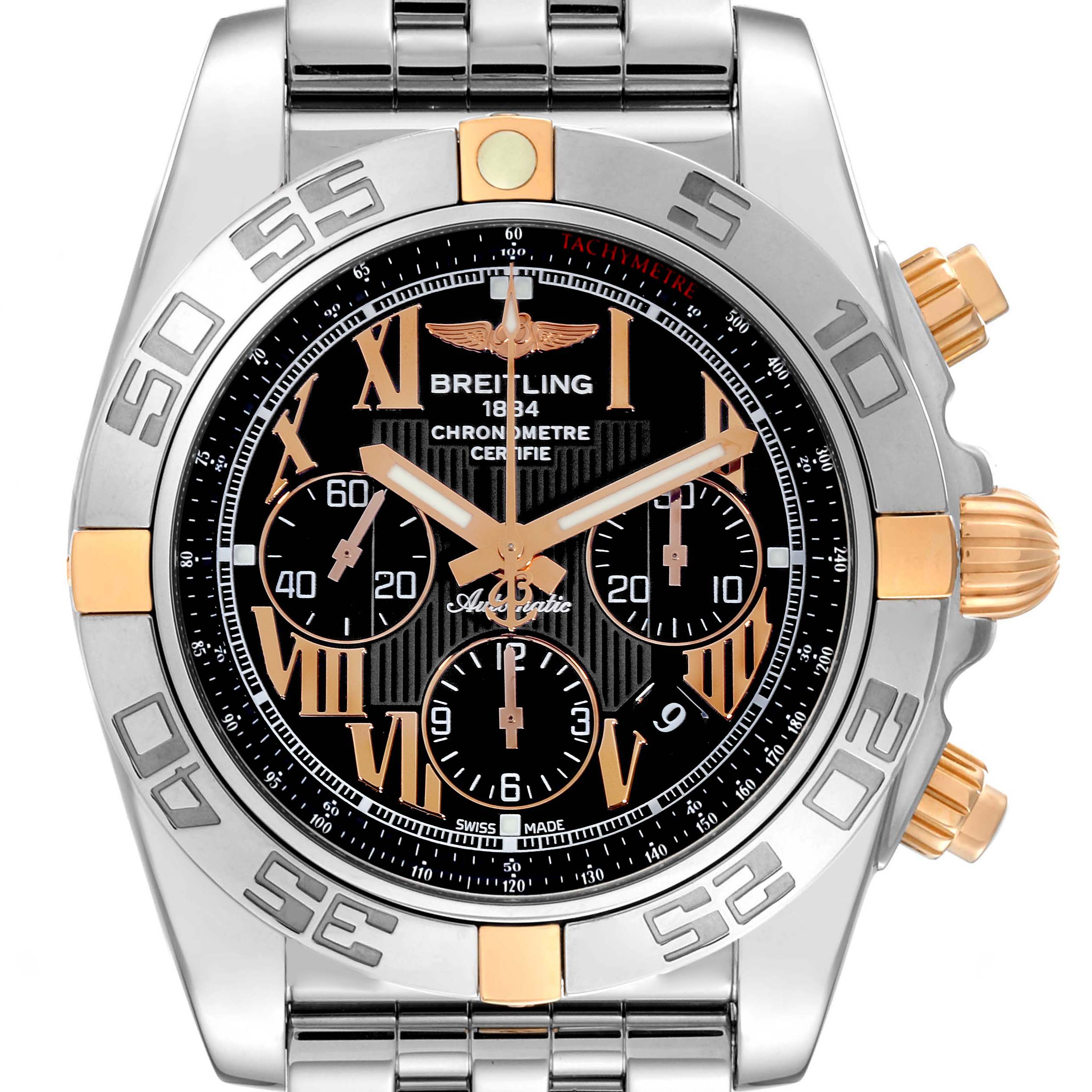 The Breitling Chronomat IB0110 Men's Steel and Gold (two tone) Black Dial IB0110 Men's Steel and Gold (two tone) Black Dial watch is shown from a front angle, highlighting the dial, bezel, and crown details.