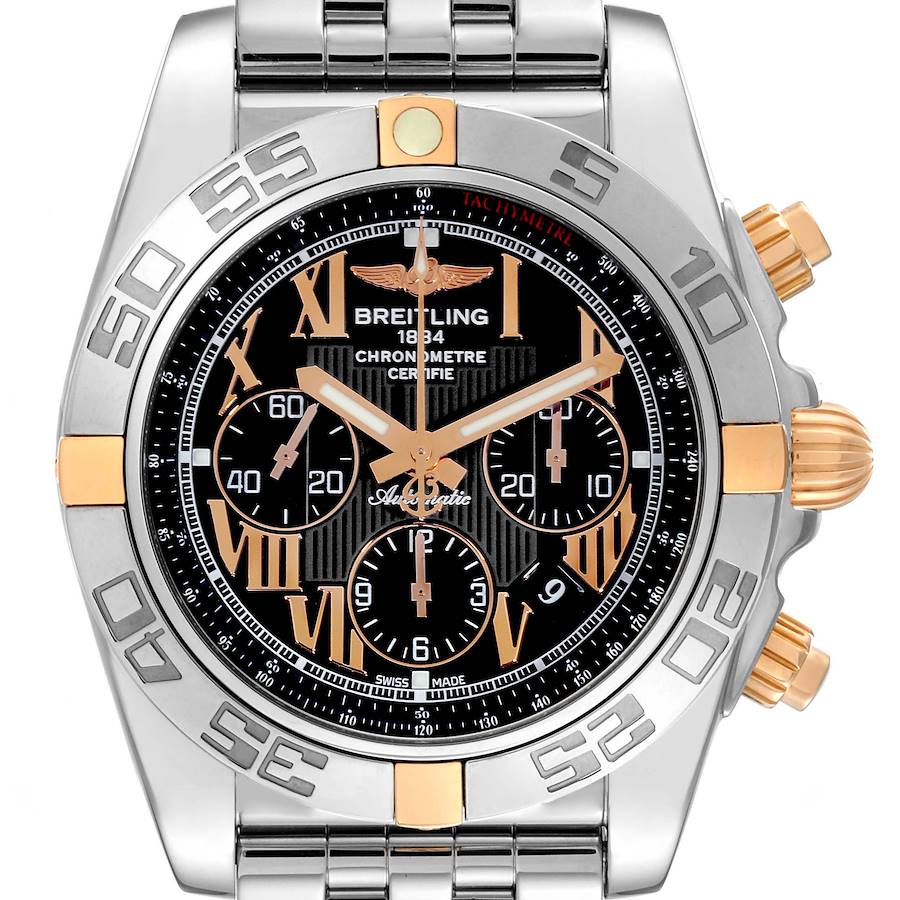 The Breitling Chronomat watch is shown from a front angle, highlighting the dial, bezel, and crown details.