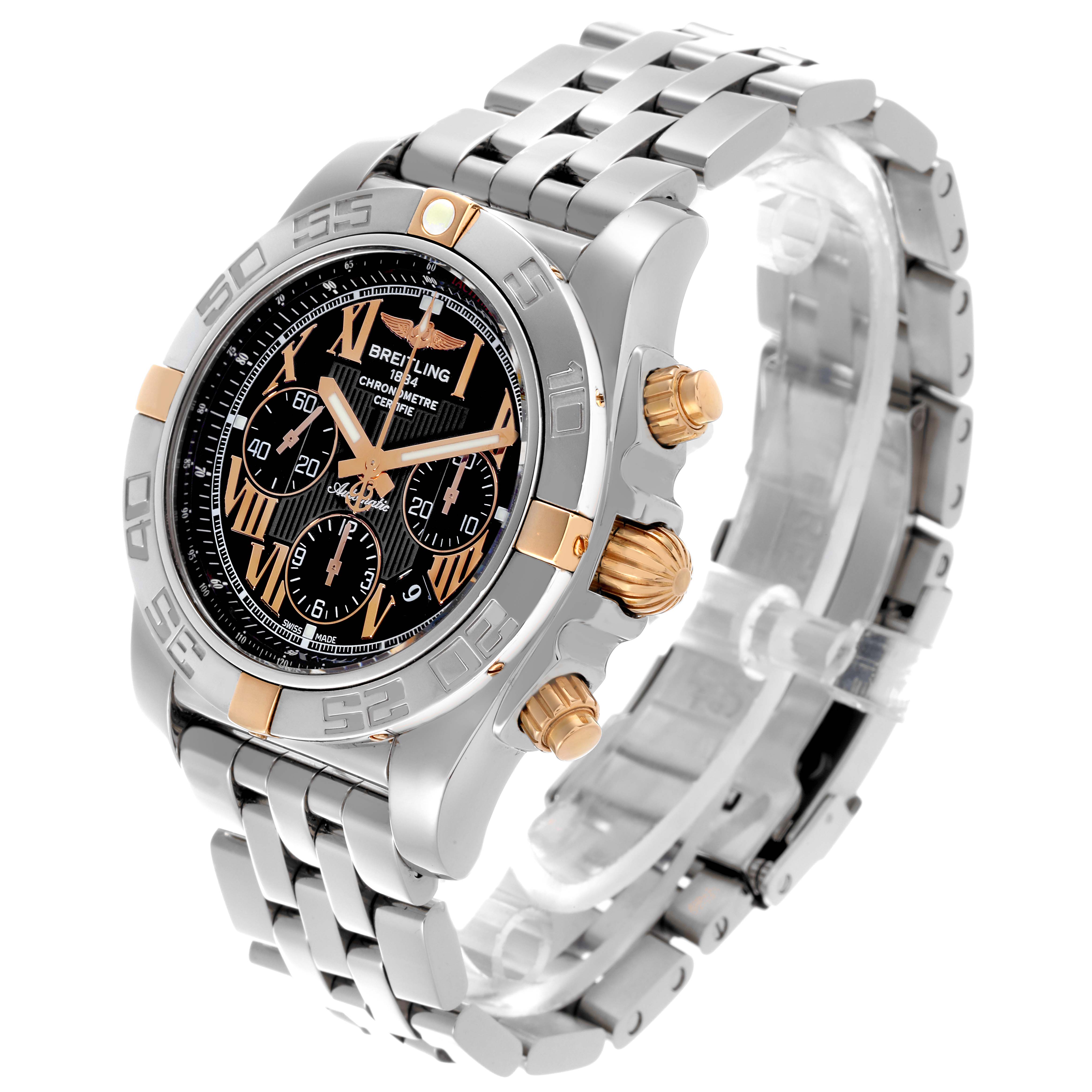 The Breitling Chronomat IB0110 Men's Steel and Gold (two tone) Black Dial IB0110 Men's Steel and Gold (two tone) Black Dial watch is shown at an angled side view, highlighting the bezel, crown, and bracelet.