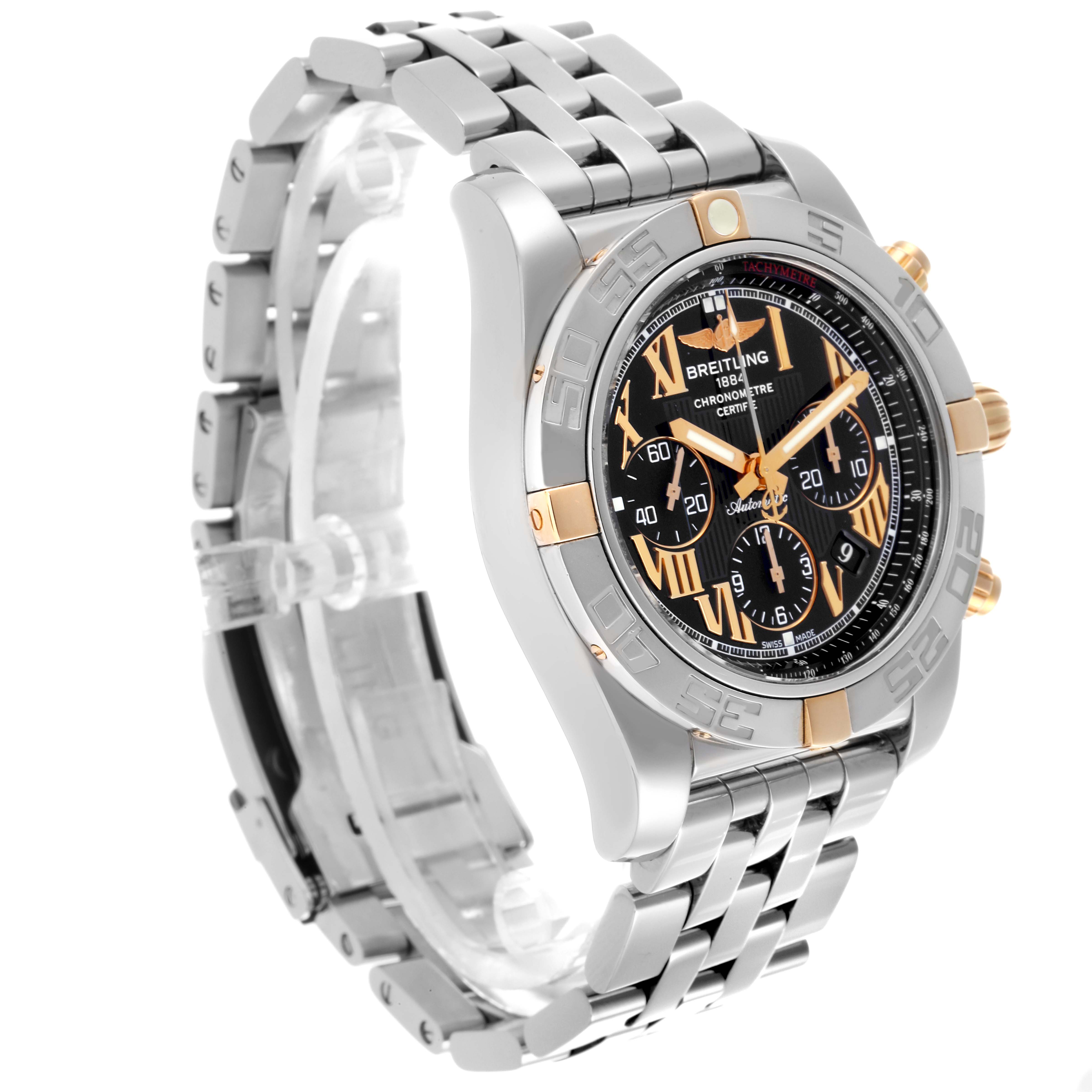 The Breitling Chronomat IB0110 Men's Steel and Gold (two tone) Black Dial IB0110 Men's Steel and Gold (two tone) Black Dial watch is shown from a three-quarter angle, highlighting the dial, bezel, and bracelet.