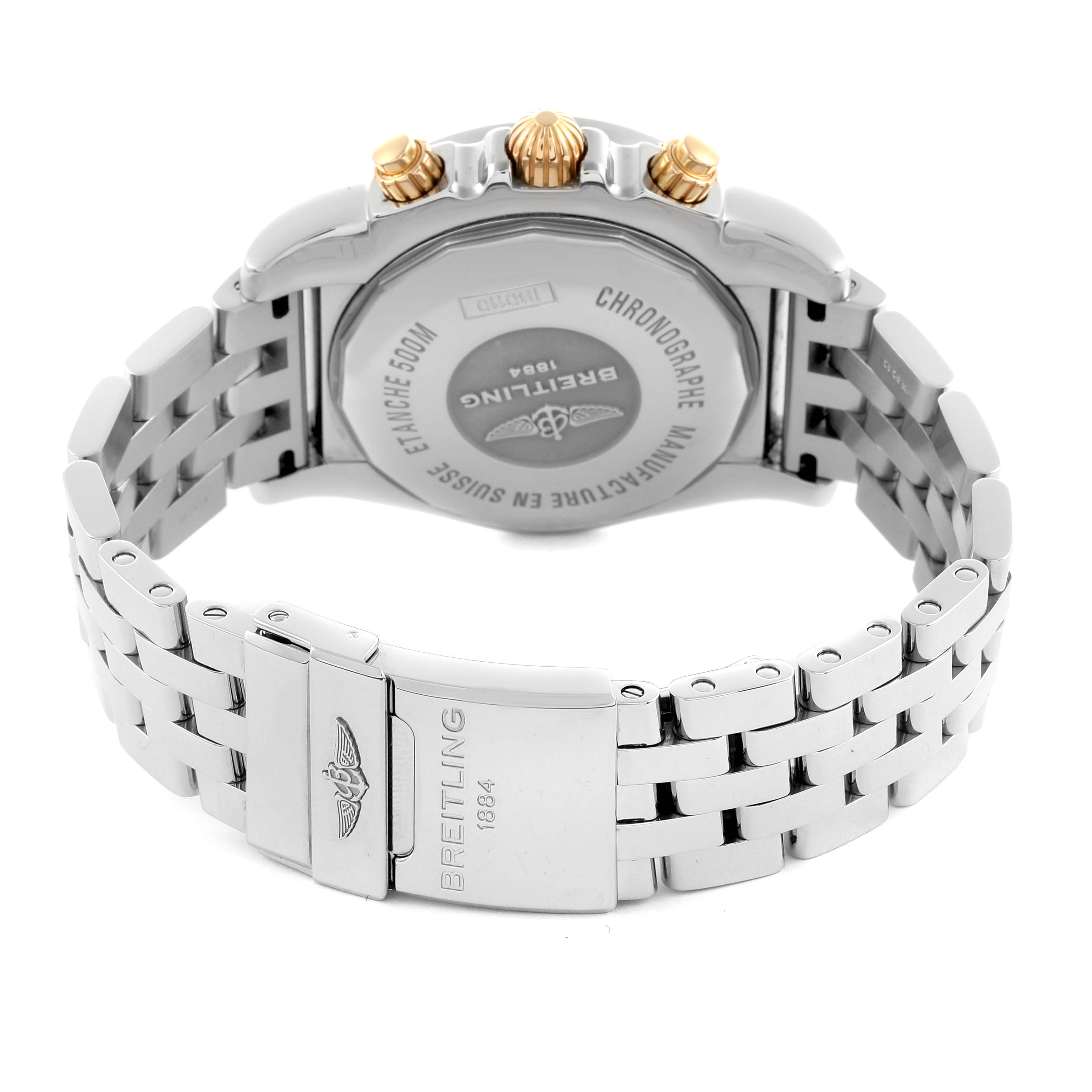 The image shows the back case and bracelet of a Breitling Chronomat IB0110 Men's Steel and Gold (two tone) Black Dial IB0110 Men's Steel and Gold (two tone) Black Dial watch, highlighting the clasp and case detailing.