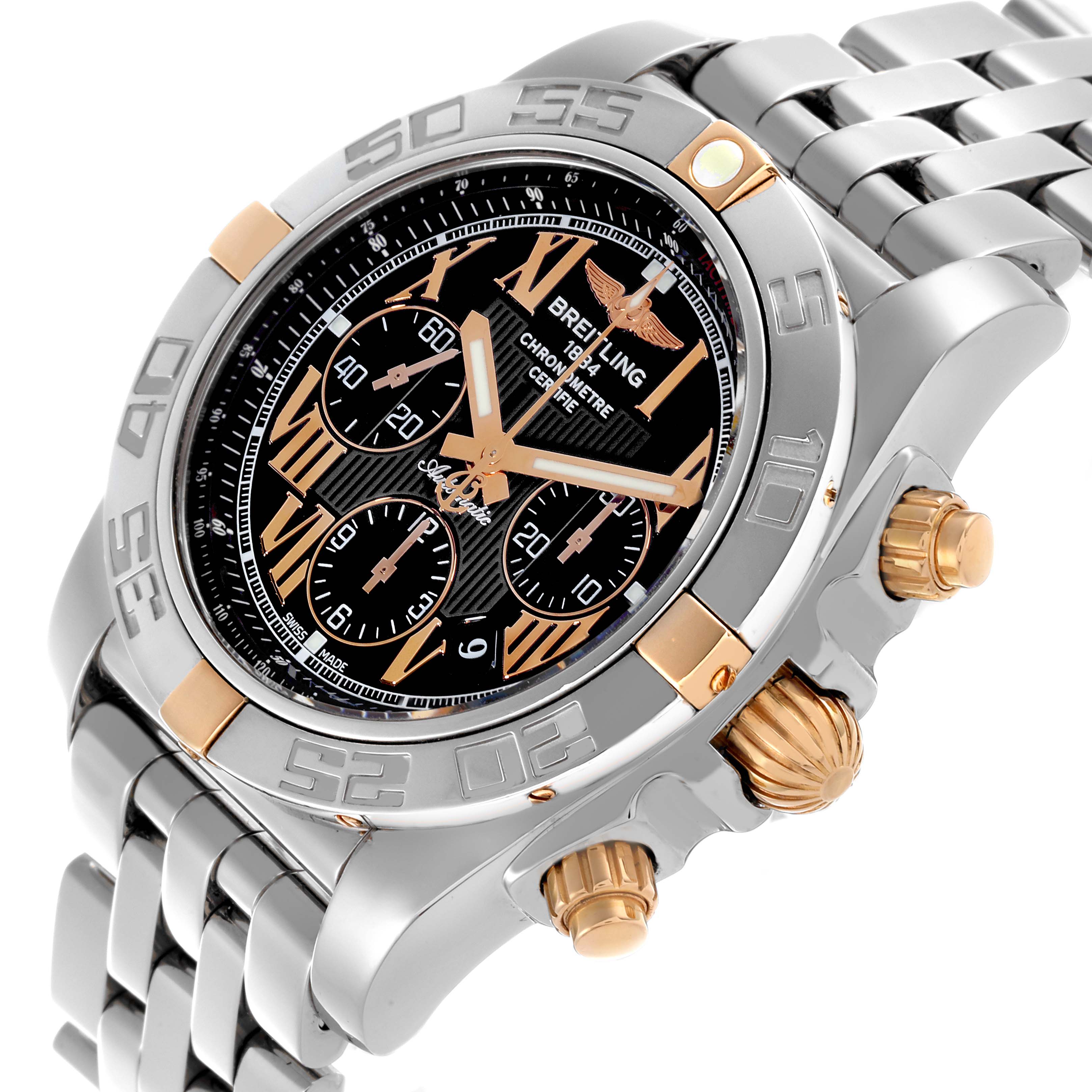 The Breitling Chronomat IB0110 Men's Steel and Gold (two tone) Black Dial IB0110 Men's Steel and Gold (two tone) Black Dial watch is shown at a three-quarter angle, highlighting the bezel, dial, chronograph buttons, and part of the bracelet.