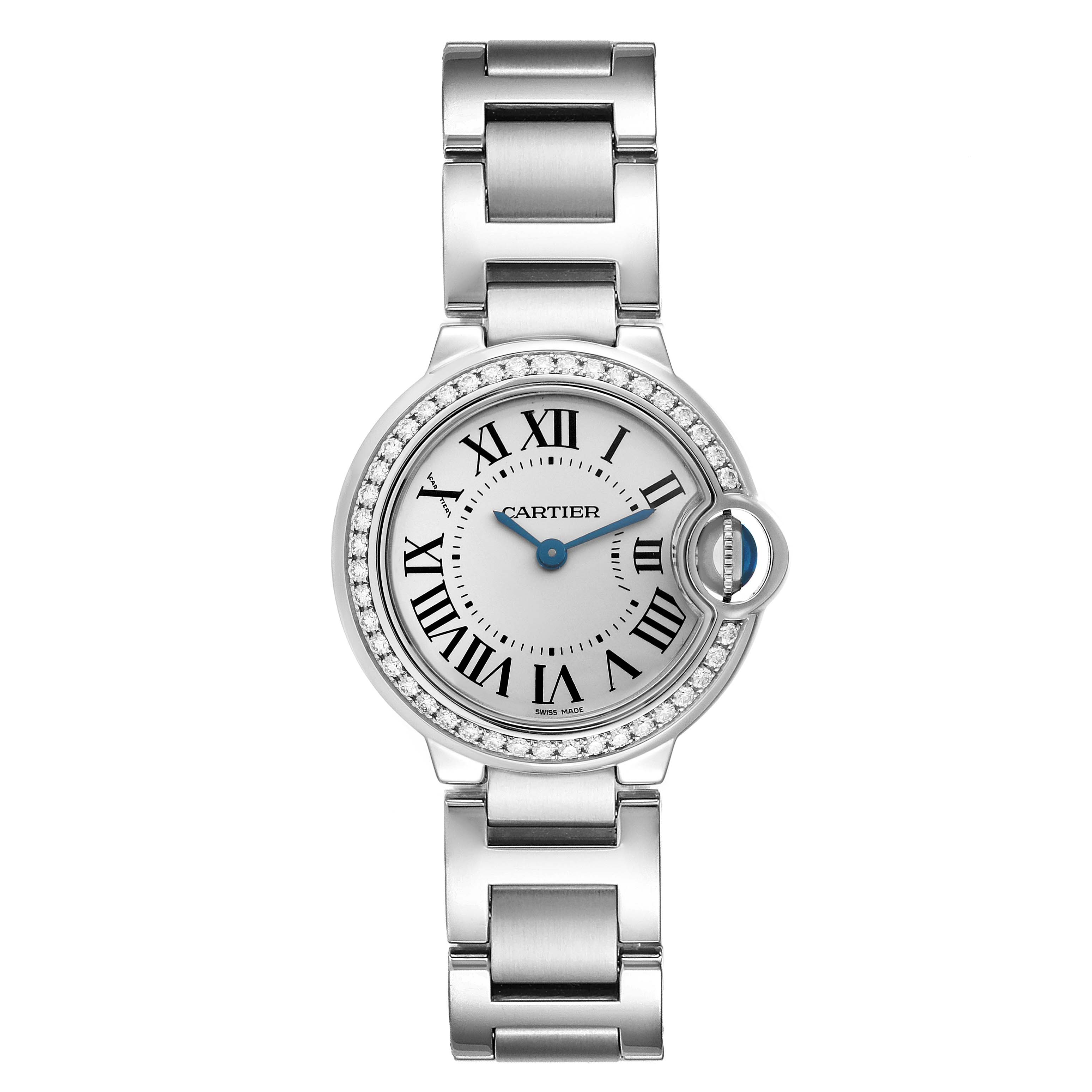 The Cartier Ballon Bleu W4BB0015 Women
s Stainless Steel Silver Dial W4BB0015 Women
s Stainless Steel Silver Dial watch is shown from a top-down angle, displaying the face, bezel, and bracelet.