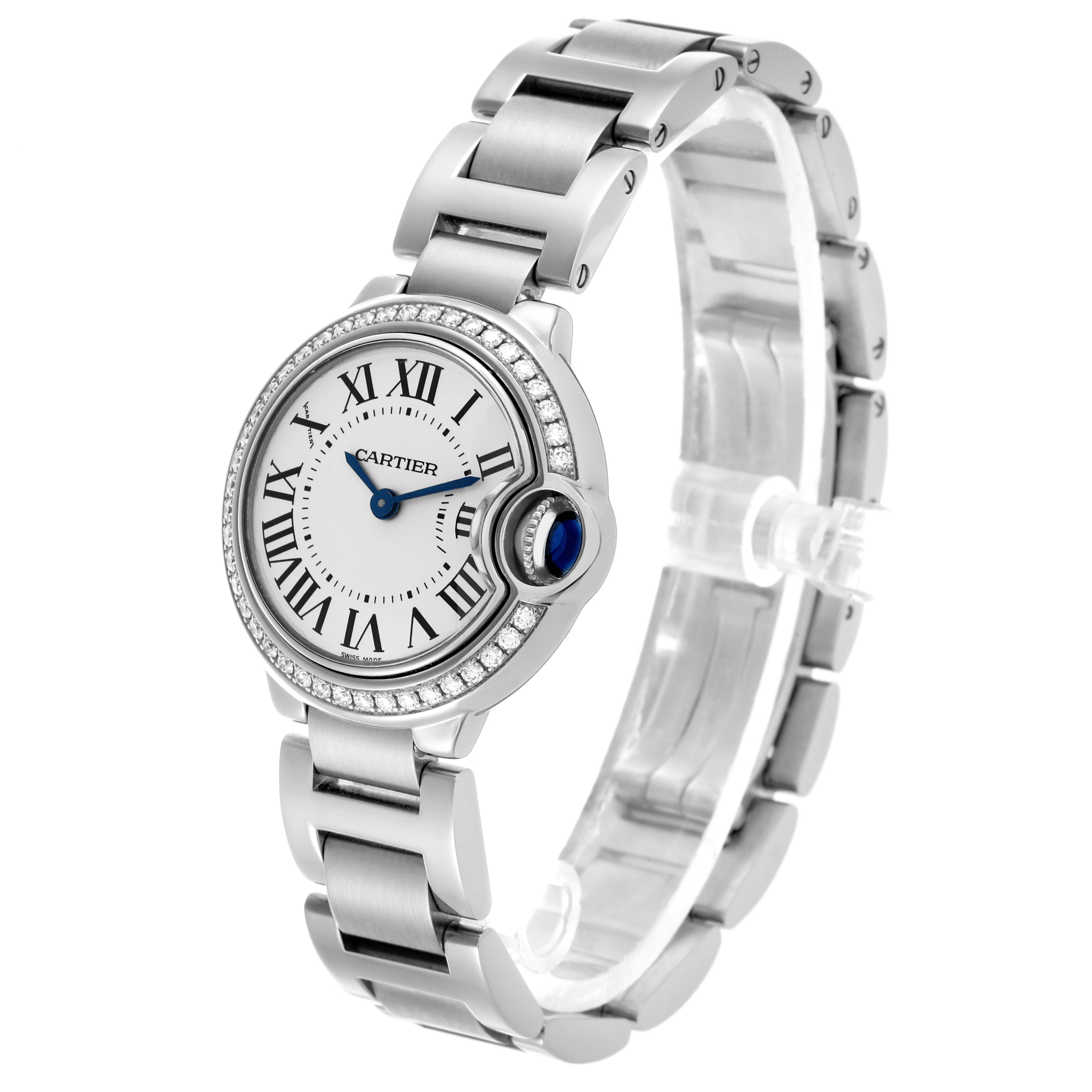 The Cartier Ballon Bleu W4BB0015 Women
s Stainless Steel Silver Dial W4BB0015 Women
s Stainless Steel Silver Dial watch is shown at a three-quarter angle, highlighting the face, bracelet, and crown with a blue cabochon.