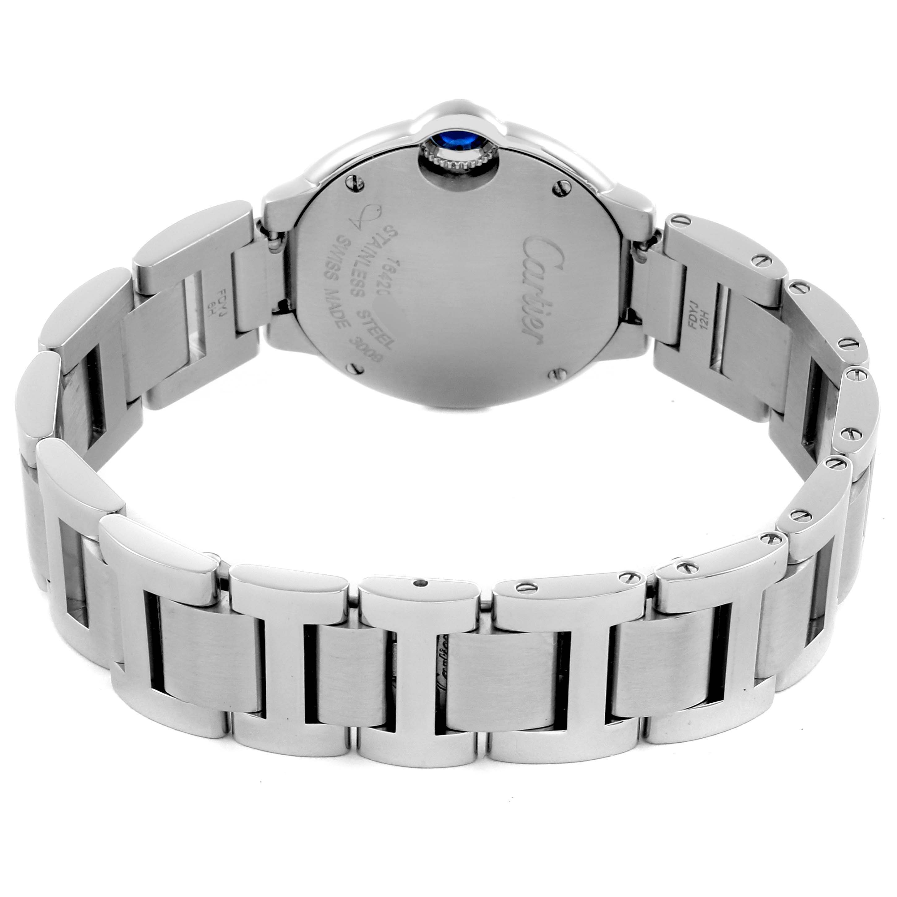 The image shows the back and bracelet of a Cartier Ballon Bleu W4BB0015 Women
s Stainless Steel Silver Dial W4BB0015 Women
s Stainless Steel Silver Dial watch, highlighting the clasp and caseback.