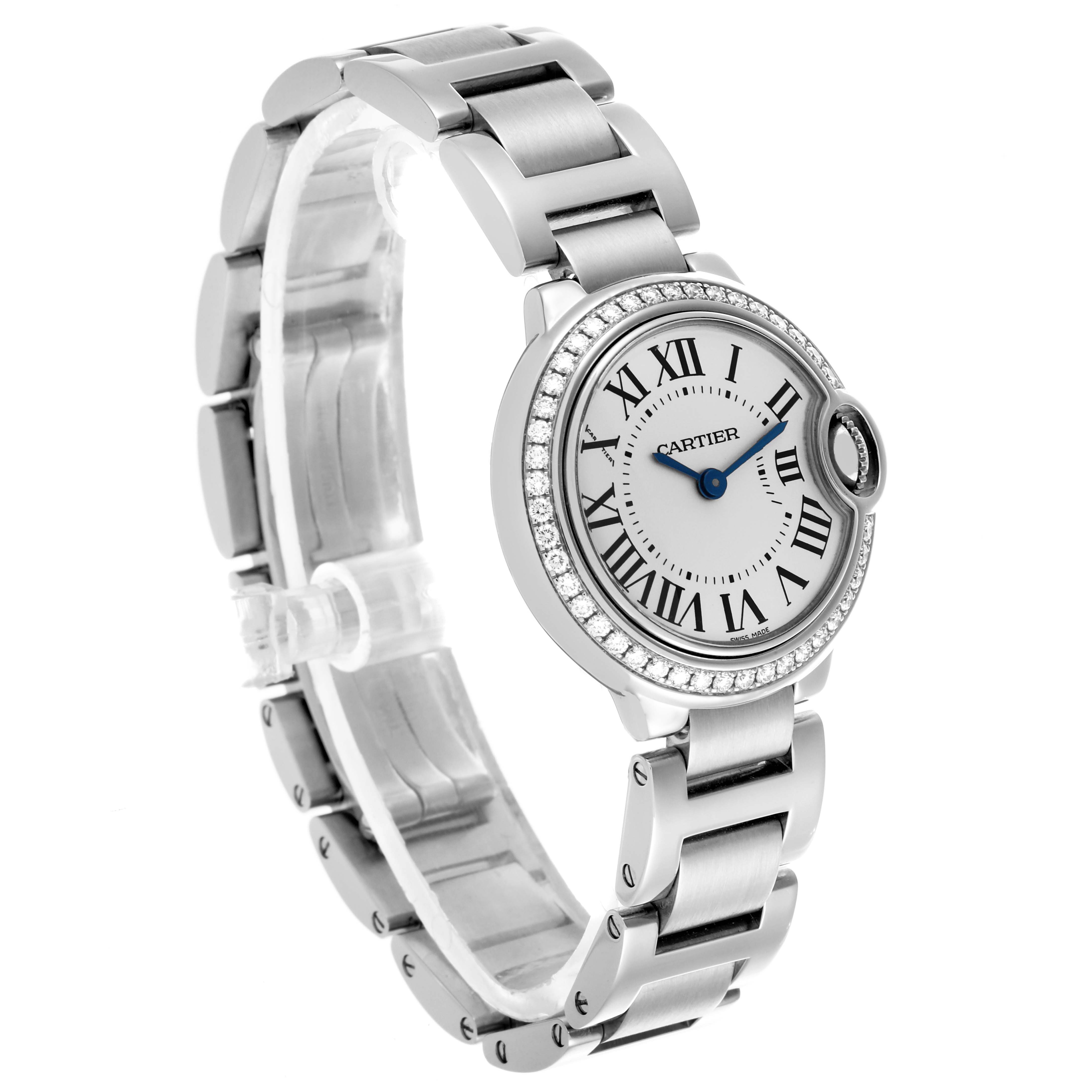 The Cartier Ballon Bleu W4BB0015 Women
s Stainless Steel Silver Dial W4BB0015 Women
s Stainless Steel Silver Dial watch is shown at an oblique angle, displaying the face, bezel, and full bracelet.