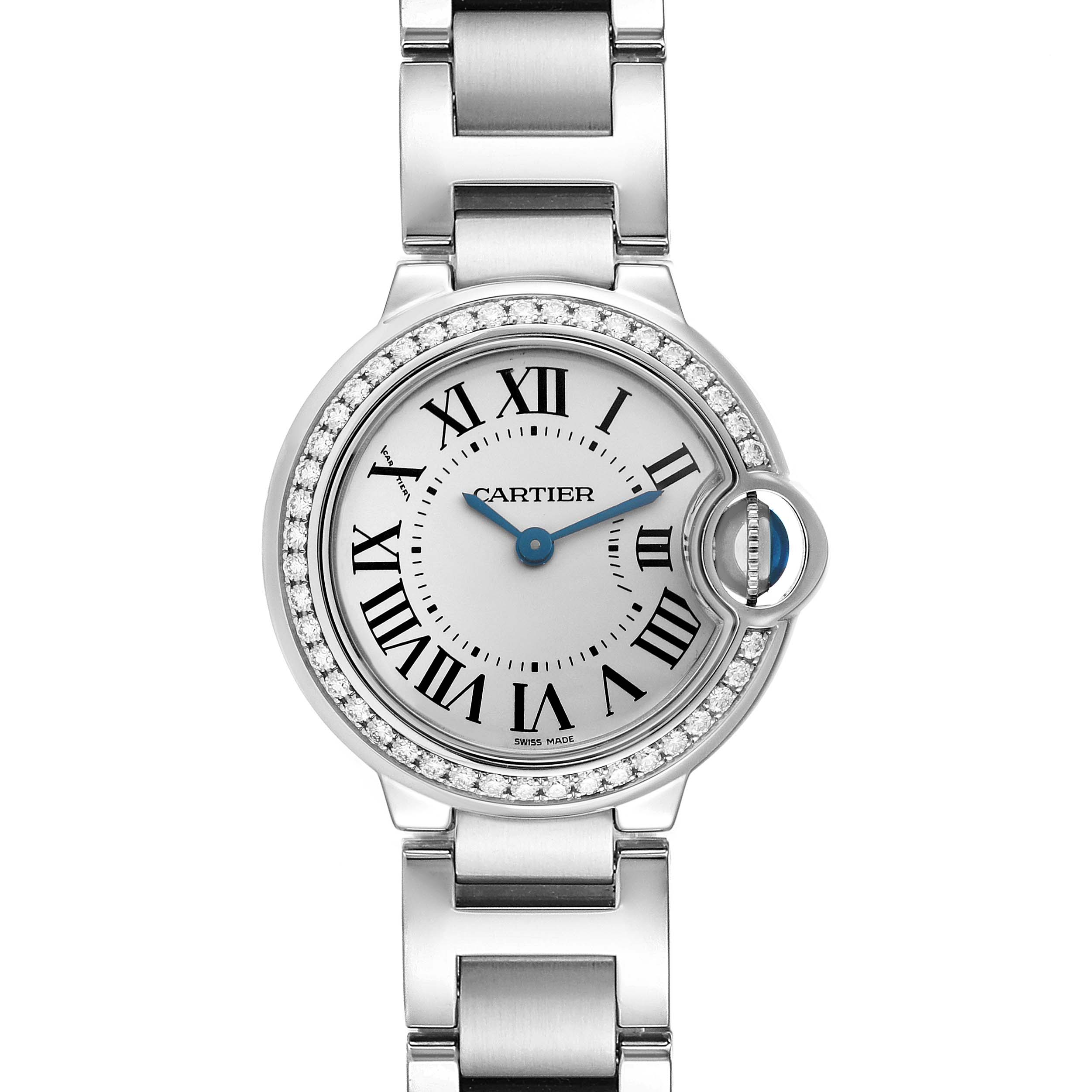 The Cartier Ballon Bleu W4BB0015 Women
s Stainless Steel Silver Dial W4BB0015 Women
s Stainless Steel Silver Dial watch is shown from the front, highlighting the dial, Roman numerals, and the signature crown detail.
