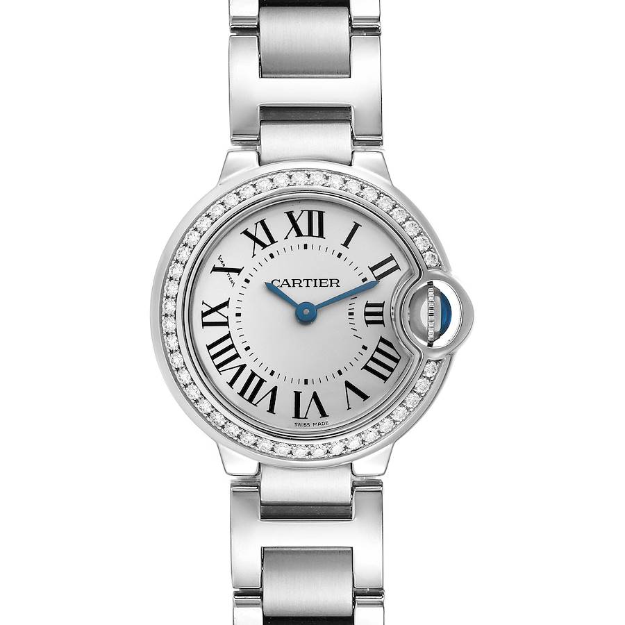 The Cartier Ballon Bleu watch is shown from the front, highlighting the dial, Roman numerals, and the signature crown detail.