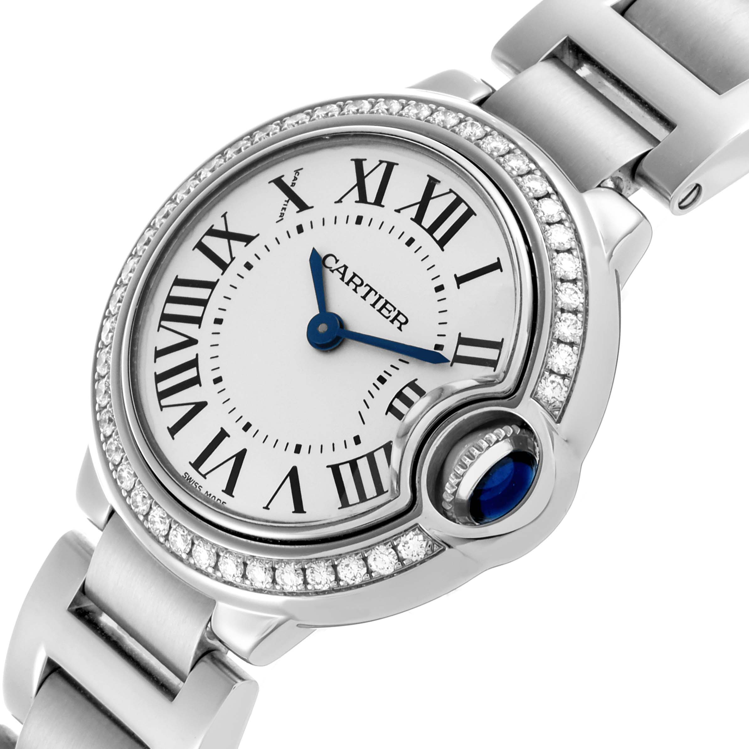 The Cartier Ballon Bleu W4BB0015 Women
s Stainless Steel Silver Dial W4BB0015 Women
s Stainless Steel Silver Dial watch is shown at an angled view, highlighting the circular dial, Roman numerals, and sapphire winding crown.