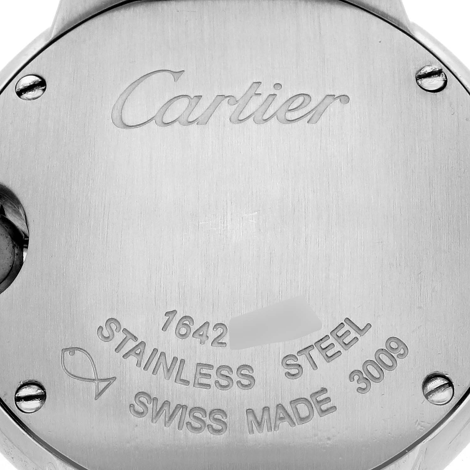The image shows the backplate of a Cartier Ballon Bleu W4BB0015 Women
s Stainless Steel Silver Dial W4BB0015 Women
s Stainless Steel Silver Dial watch, displaying the brand logo and material details.