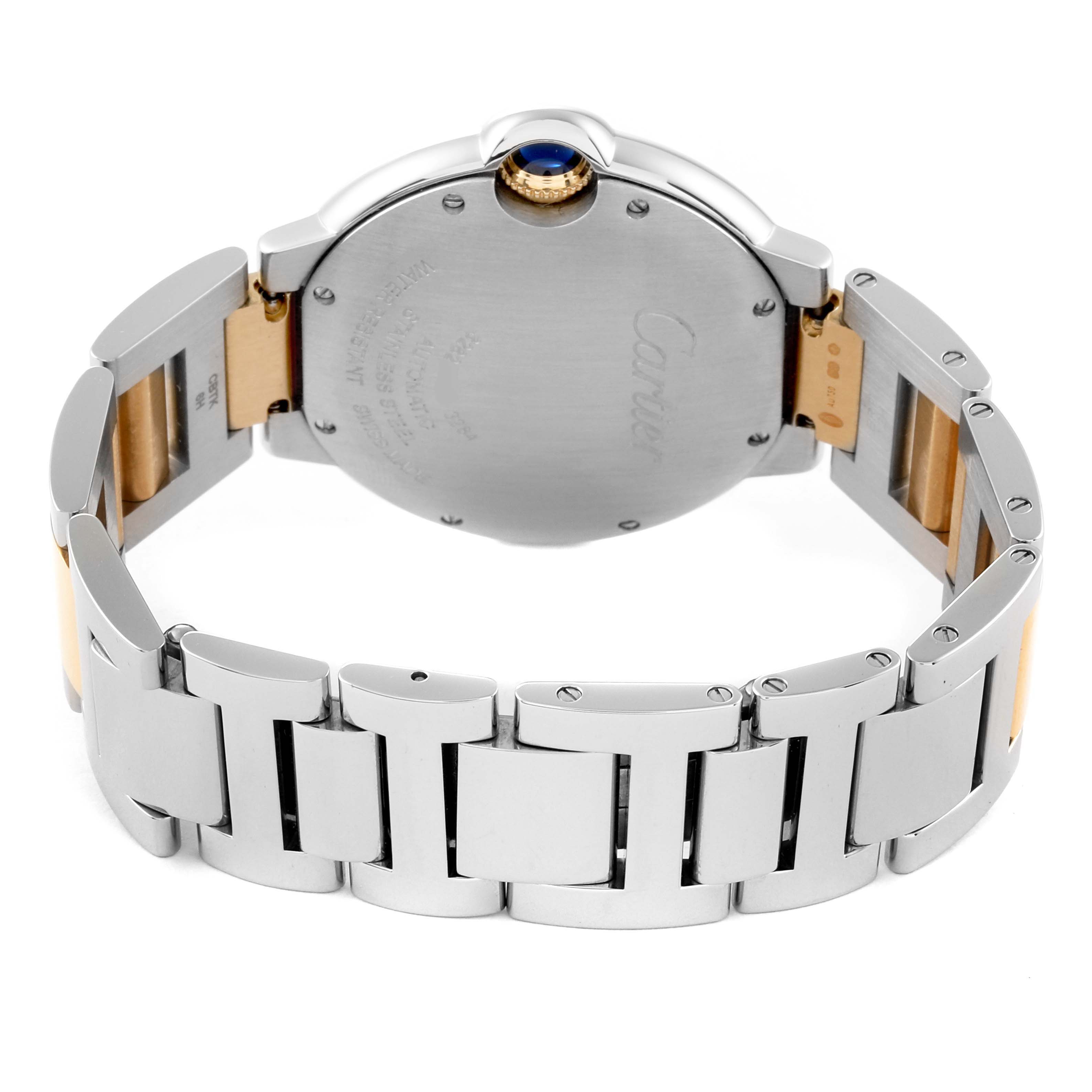 This image shows the back of a Cartier Ballon Bleu W2BB0012 Men's Steel and Gold (two tone) Silver Dial W2BB0012 Men's Steel and Gold (two tone) Silver Dial watch, highlighting the case back and metal bracelet.