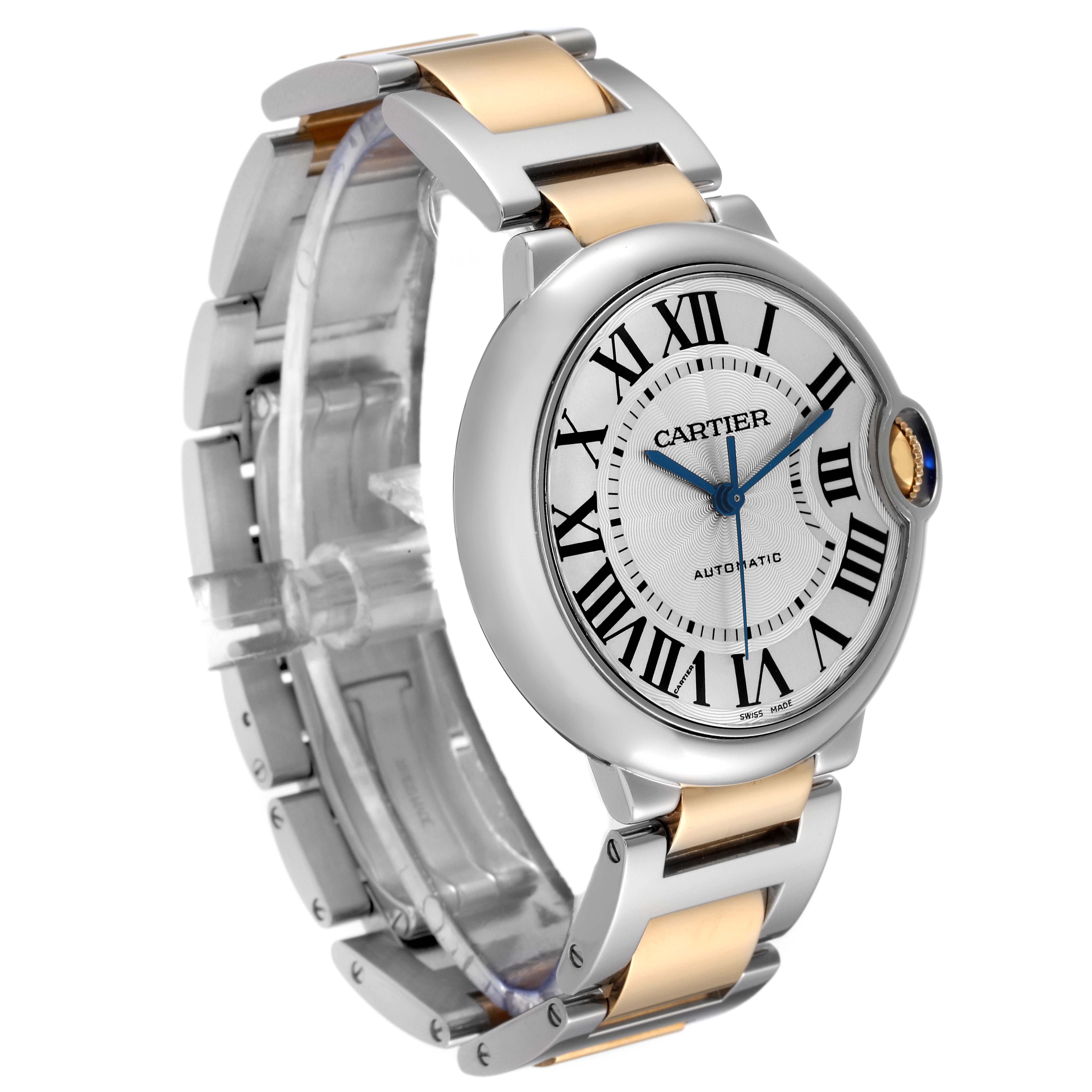 The image shows a side angle view of the Cartier Ballon Bleu W2BB0012 Men's Steel and Gold (two tone) Silver Dial W2BB0012 Men's Steel and Gold (two tone) Silver Dial watch, highlighting its face, bracelet, and crown.