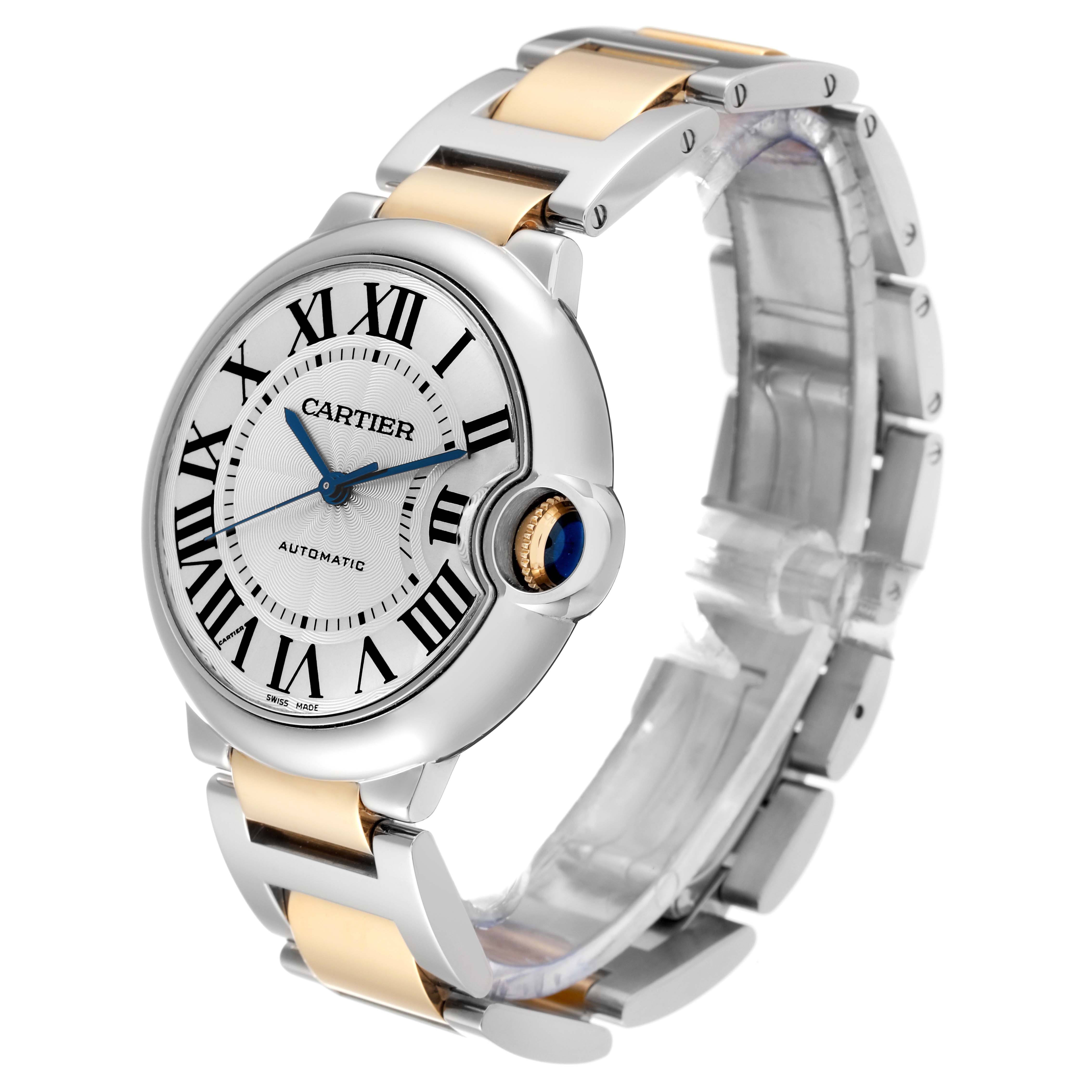 The image shows a Cartier Ballon Bleu W2BB0012 Men's Steel and Gold (two tone) Silver Dial W2BB0012 Men's Steel and Gold (two tone) Silver Dial watch at a three-quarter angle, highlighting the dial, bezel, crown, and two-tone bracelet.