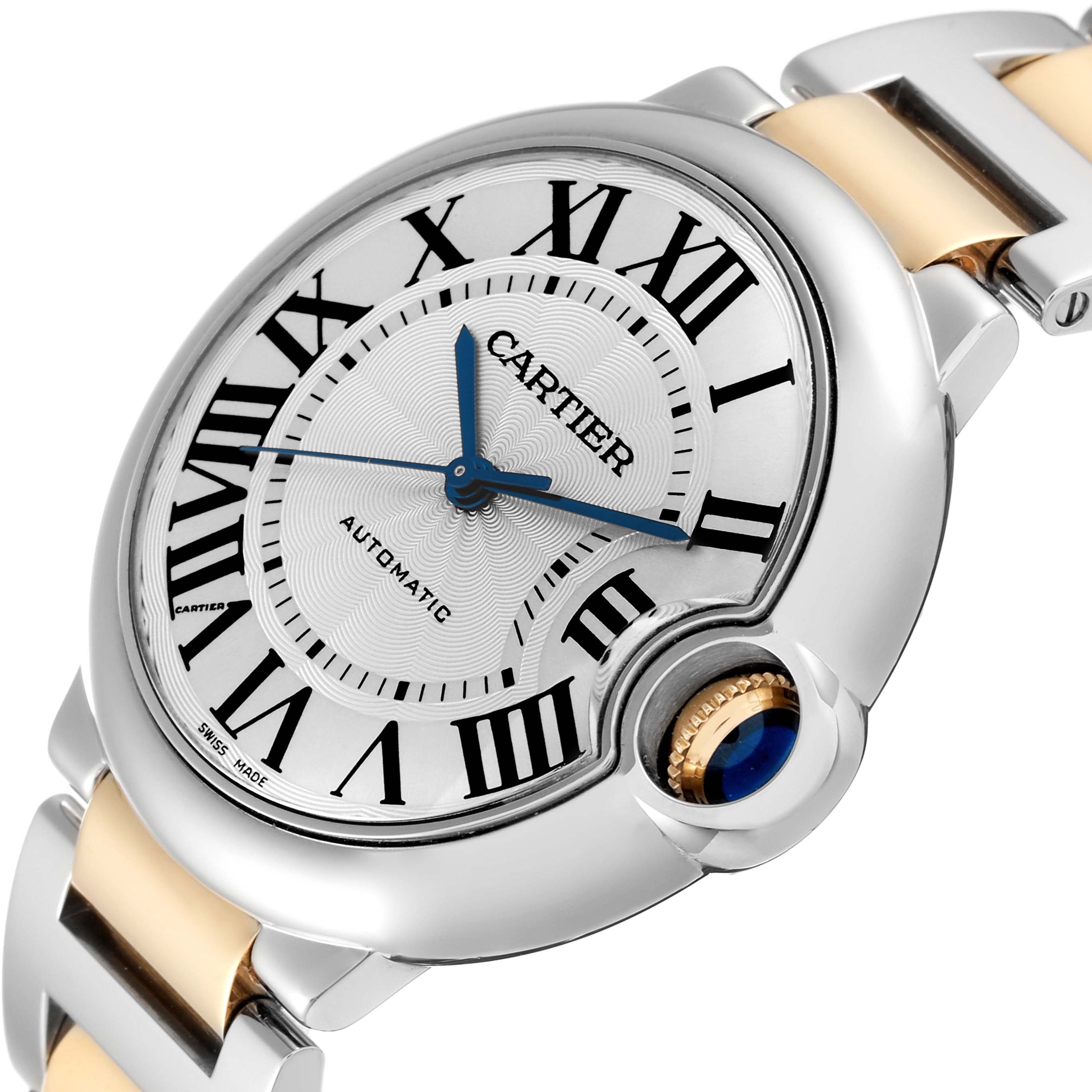 The image shows a close-up of the Cartier Ballon Bleu W2BB0012 Men's Steel and Gold (two tone) Silver Dial W2BB0012 Men's Steel and Gold (two tone) Silver Dial watch face and part of the bracelet from a front angle.