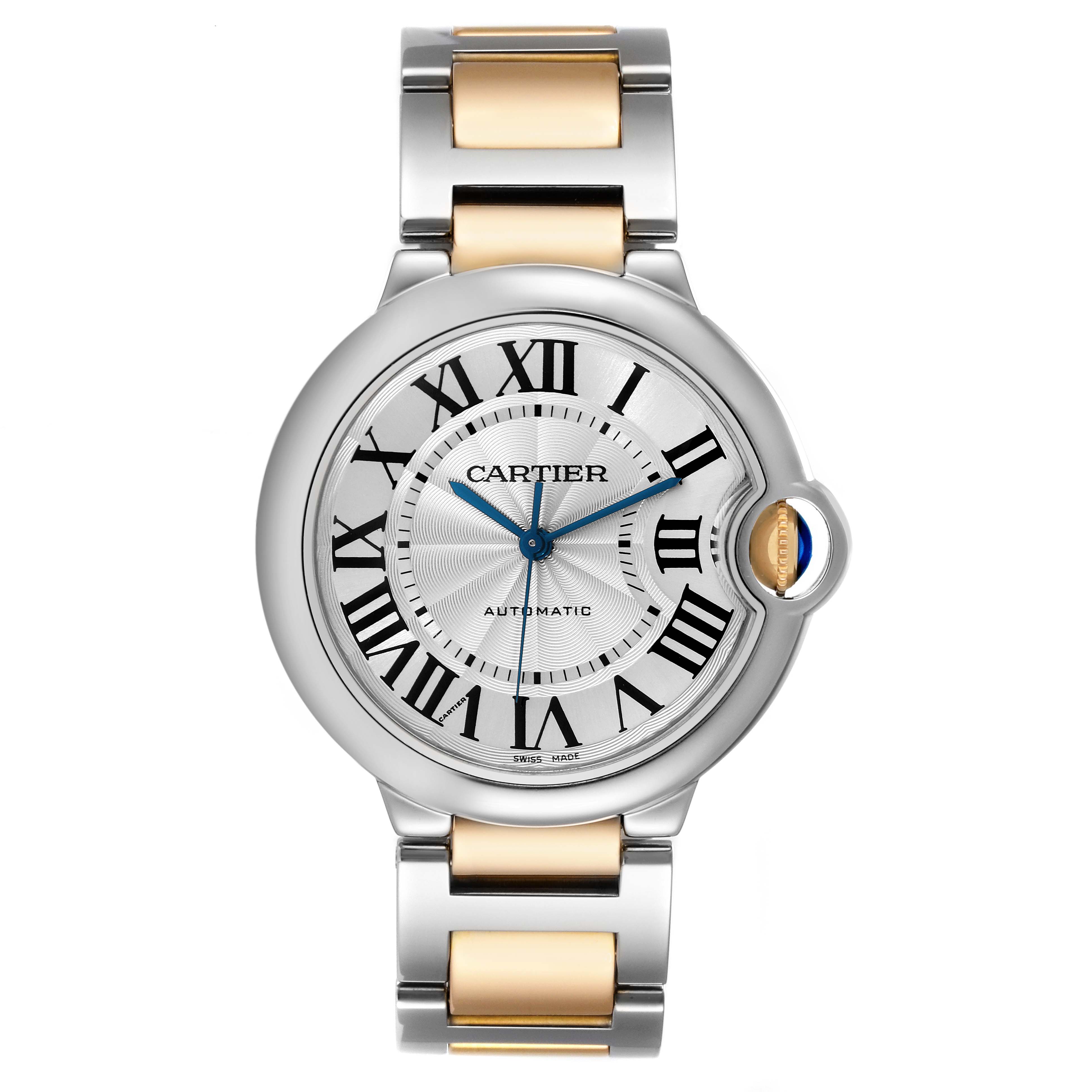 The image shows a front view of the Cartier Ballon Bleu W2BB0012 Men's Steel and Gold (two tone) Silver Dial W2BB0012 Men's Steel and Gold (two tone) Silver Dial watch, featuring its dial, bezel, and bracelet.
